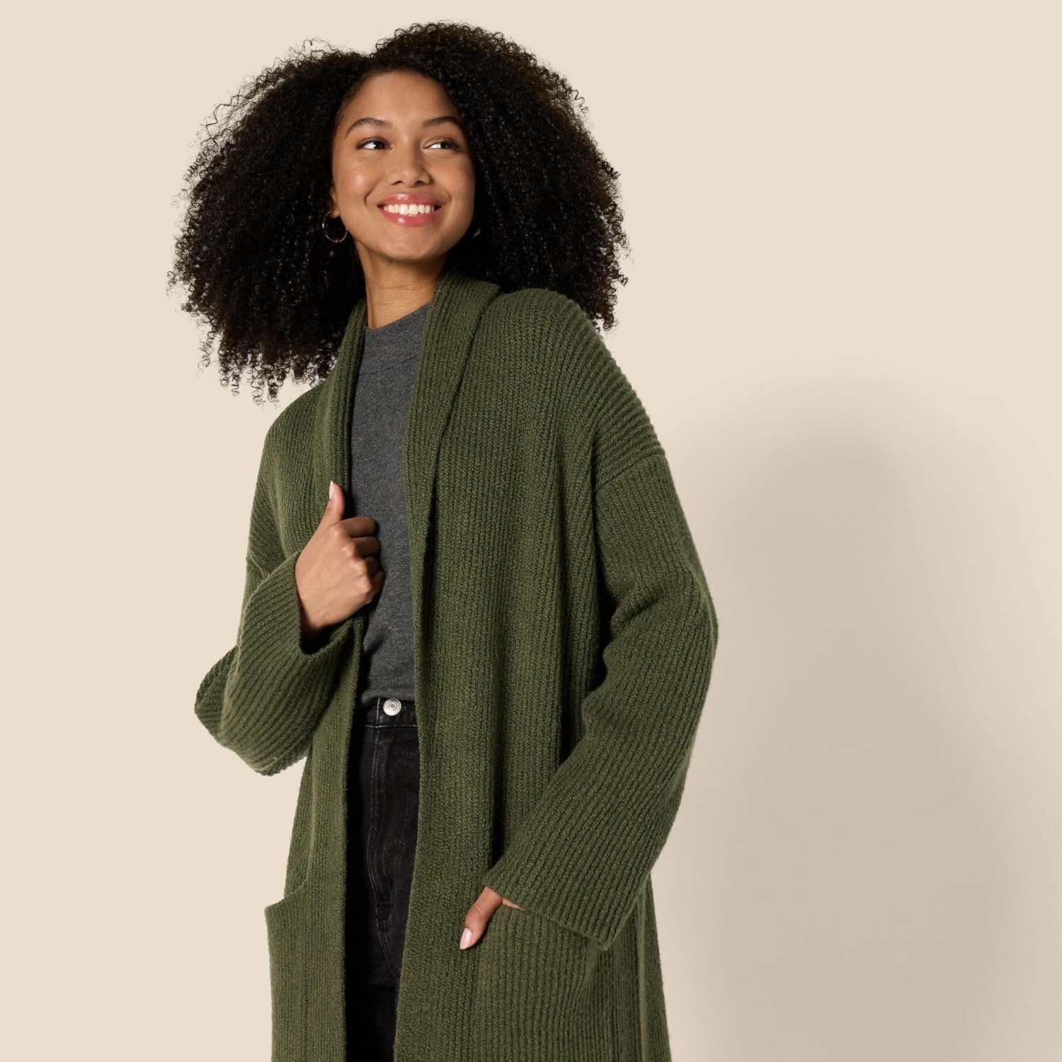image:imageAmazon Essentials Womens OversizedFit Cotton Blend Heavyweight Texture Stitch Long Cardigan Sweater with PocketsDark Olive