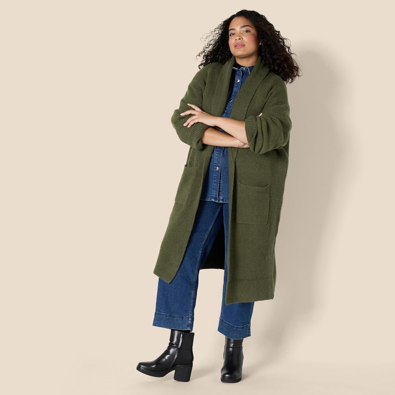 image:imageAmazon Essentials Womens OversizedFit Cotton Blend Heavyweight Texture Stitch Long Cardigan Sweater with PocketsDark Olive