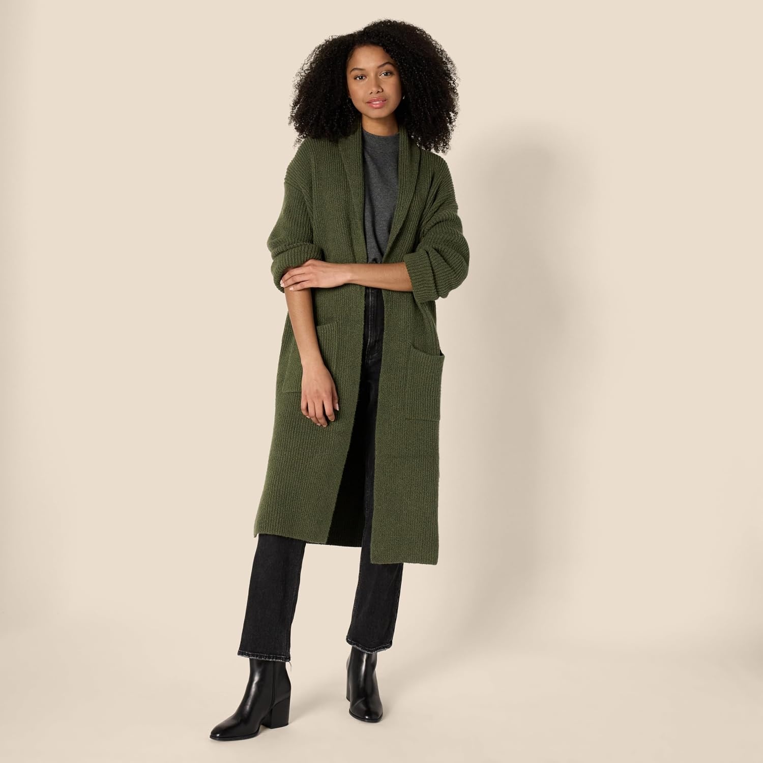 image:imageAmazon Essentials Womens OversizedFit Cotton Blend Heavyweight Texture Stitch Long Cardigan Sweater with PocketsDark Olive