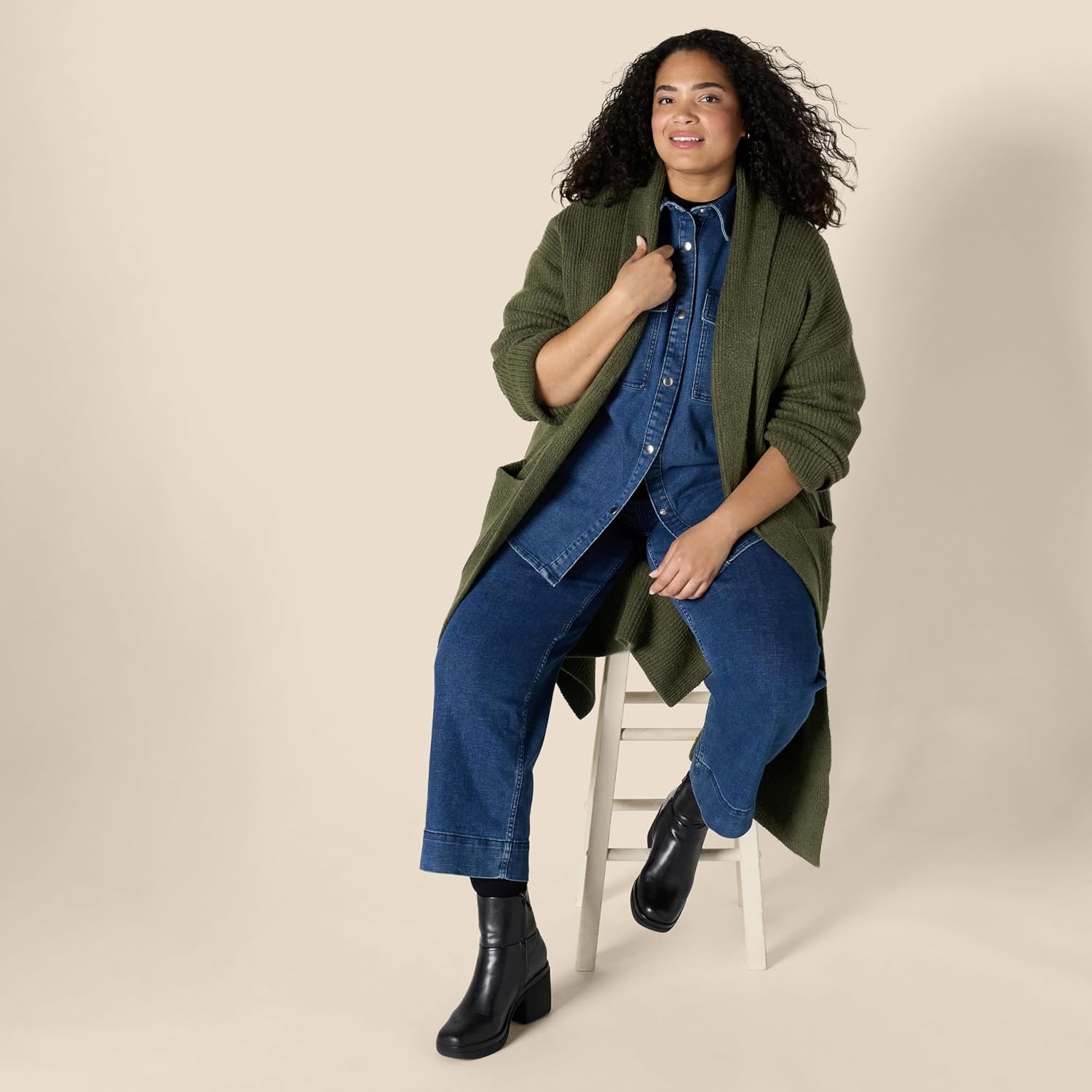 image:imageAmazon Essentials Womens OversizedFit Cotton Blend Heavyweight Texture Stitch Long Cardigan Sweater with PocketsDark Olive