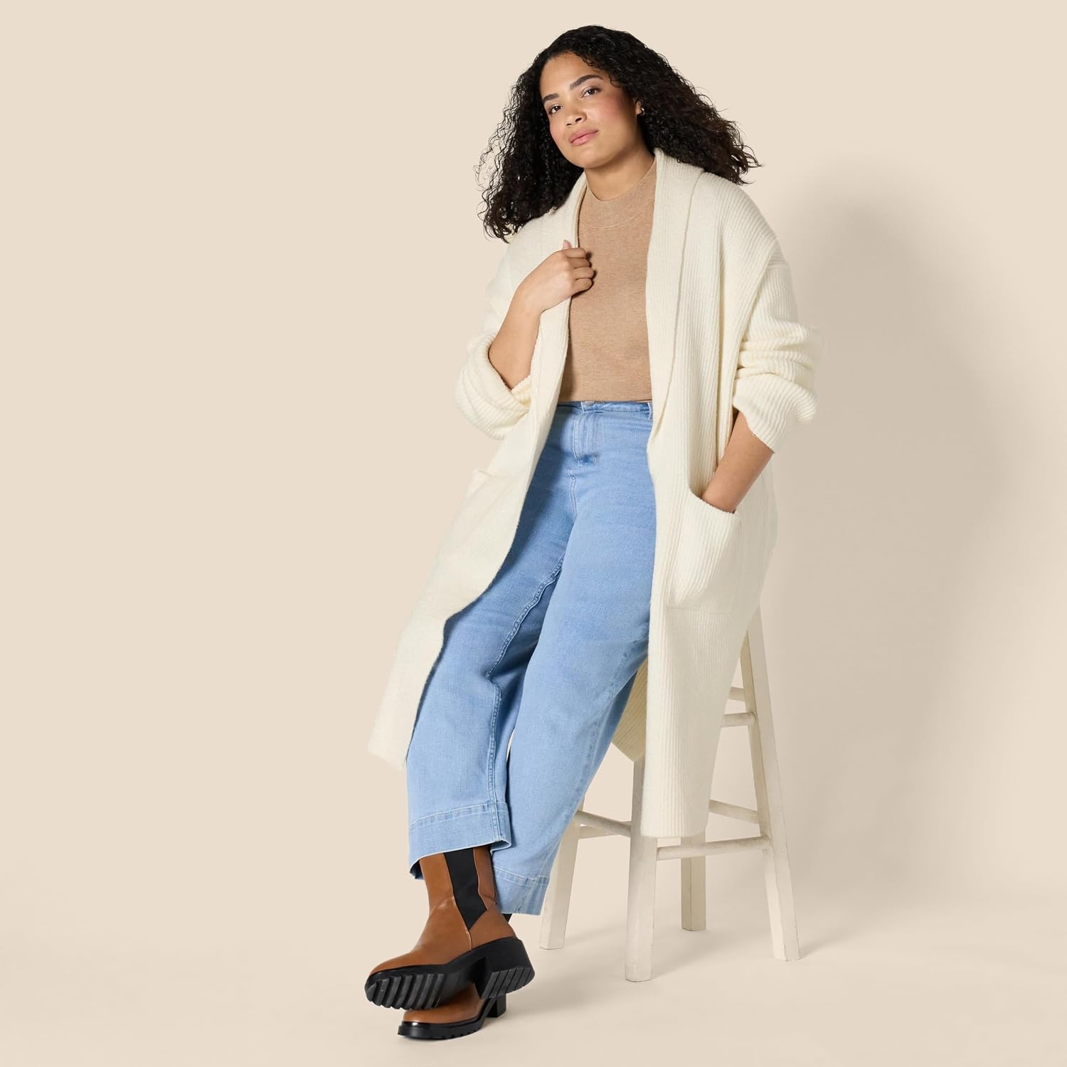 image:imageAmazon Essentials Womens OversizedFit Cotton Blend Heavyweight Texture Stitch Long Cardigan Sweater with PocketsEggshell White