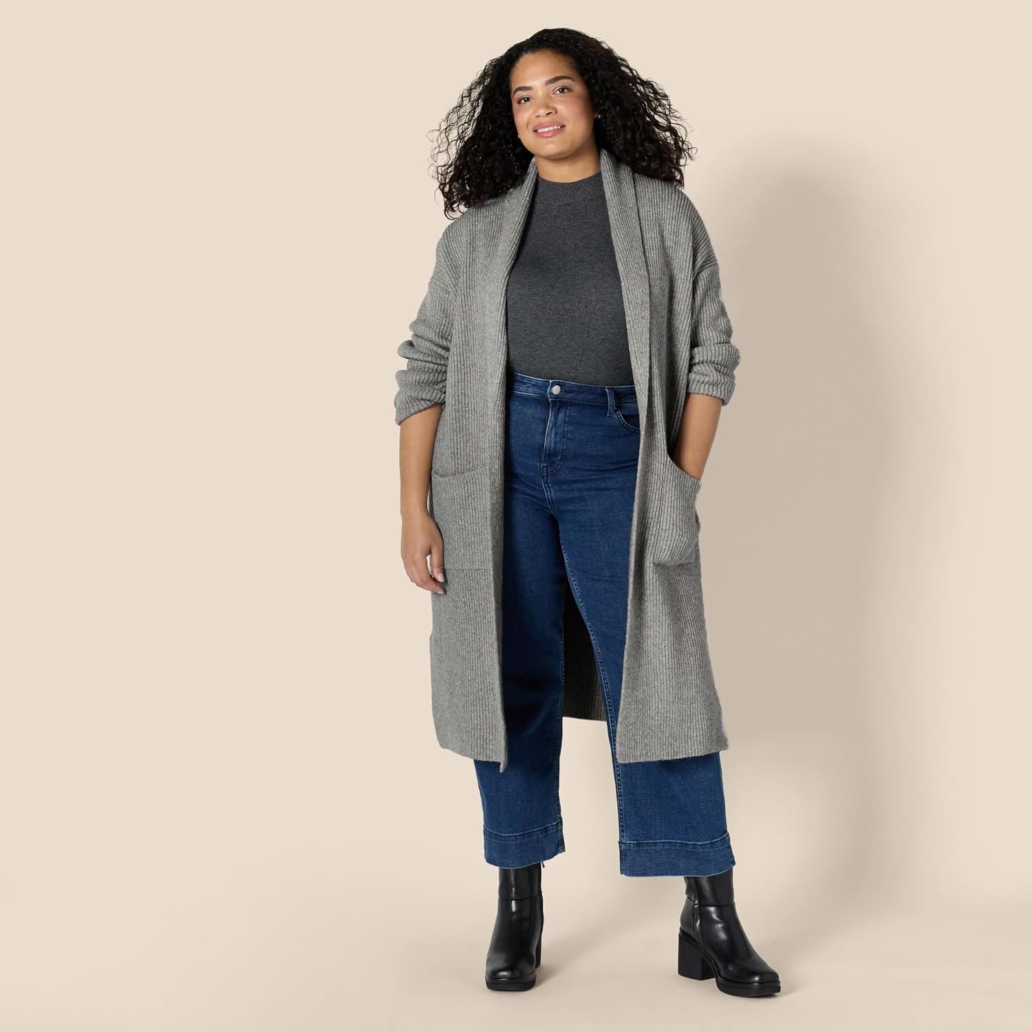 image:imageAmazon Essentials Womens OversizedFit Cotton Blend Heavyweight Texture Stitch Long Cardigan Sweater with PocketsMedium Grey Heather
