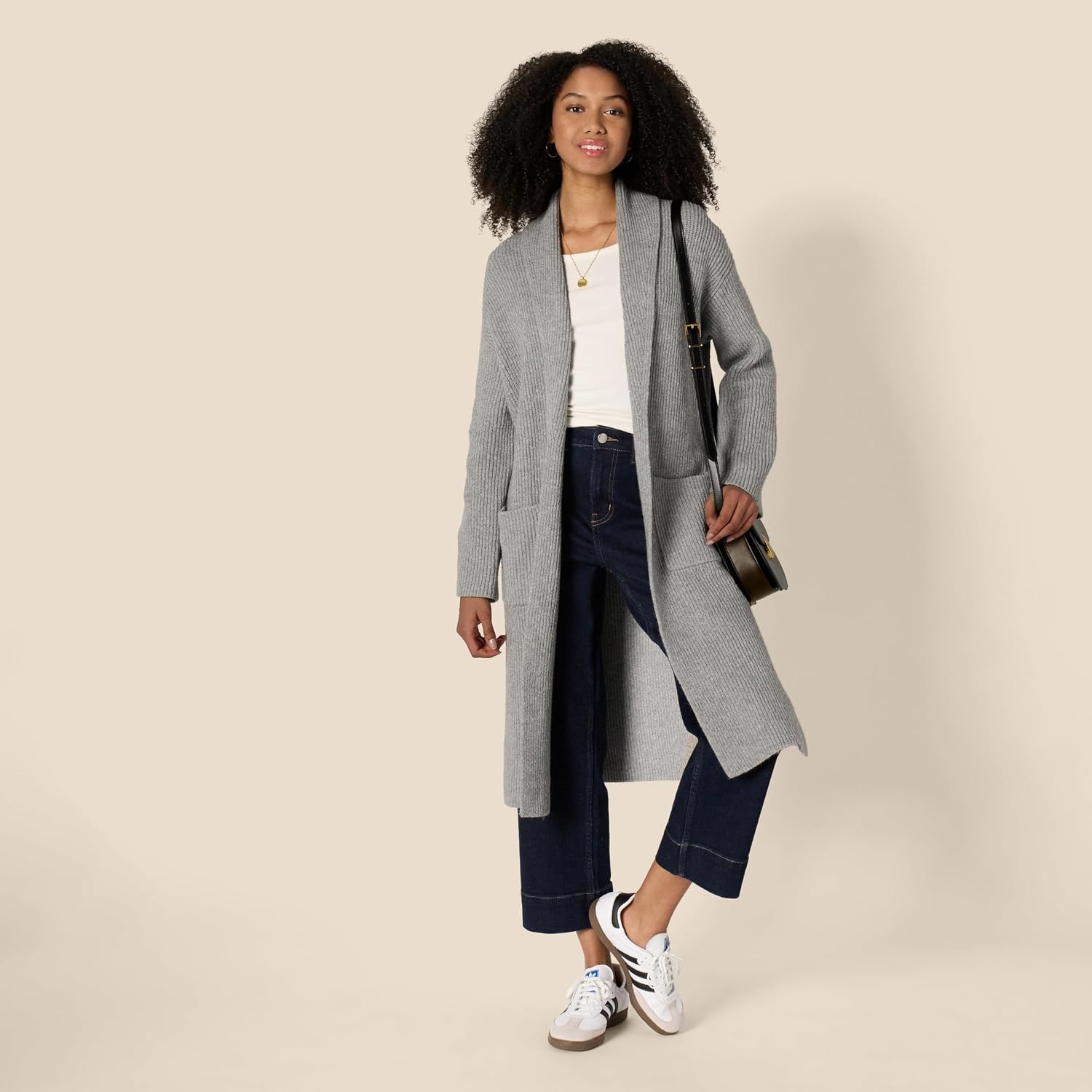 image:imageAmazon Essentials Womens OversizedFit Cotton Blend Heavyweight Texture Stitch Long Cardigan Sweater with PocketsMedium Grey Heather