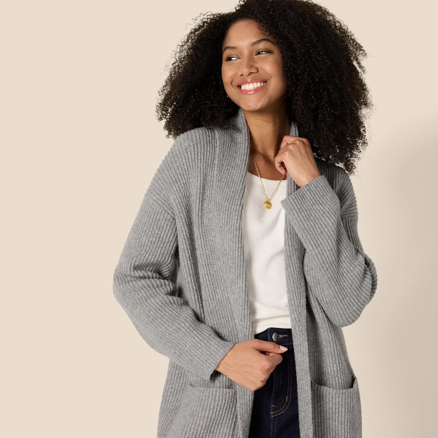 image:imageAmazon Essentials Womens OversizedFit Cotton Blend Heavyweight Texture Stitch Long Cardigan Sweater with PocketsMedium Grey Heather