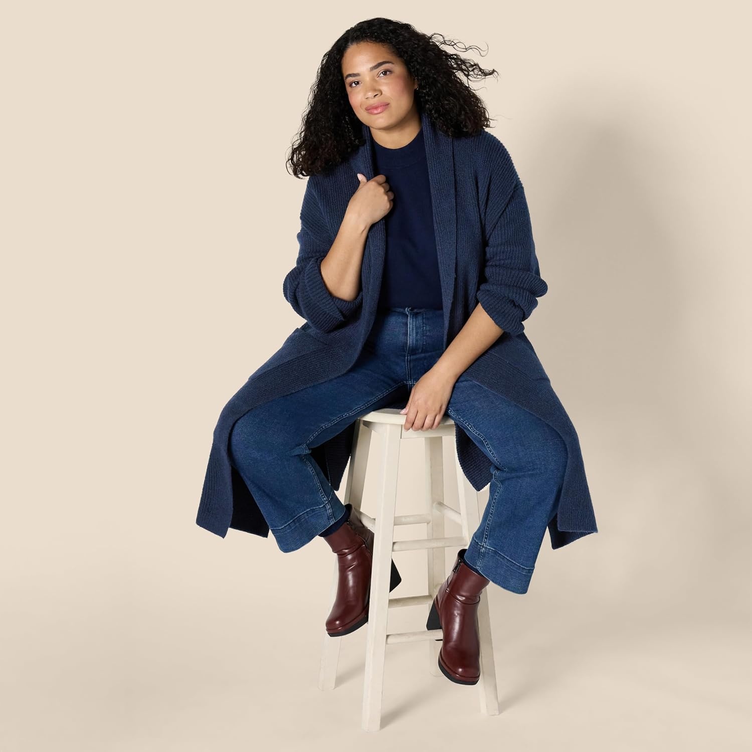 image:imageAmazon Essentials Womens OversizedFit Cotton Blend Heavyweight Texture Stitch Long Cardigan Sweater with PocketsNavy