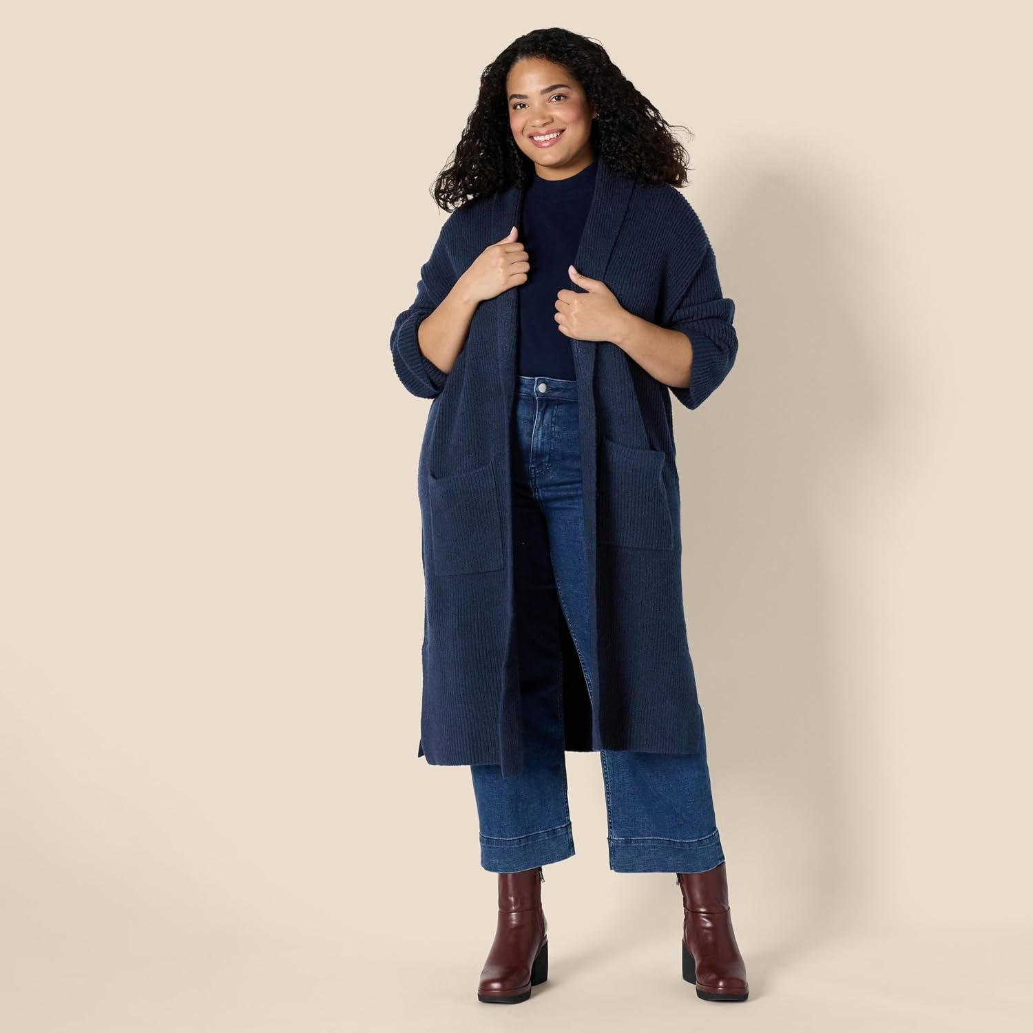 image:imageAmazon Essentials Womens OversizedFit Cotton Blend Heavyweight Texture Stitch Long Cardigan Sweater with PocketsNavy