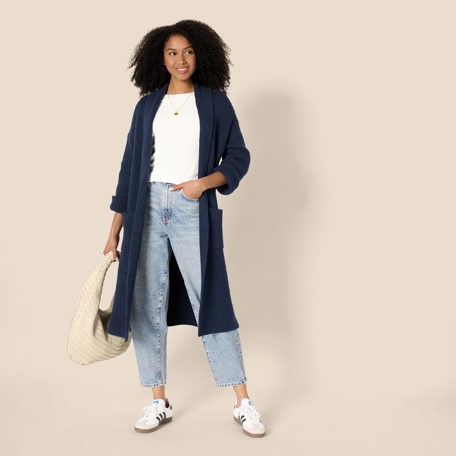 image:imageAmazon Essentials Womens OversizedFit Cotton Blend Heavyweight Texture Stitch Long Cardigan Sweater with PocketsNavy