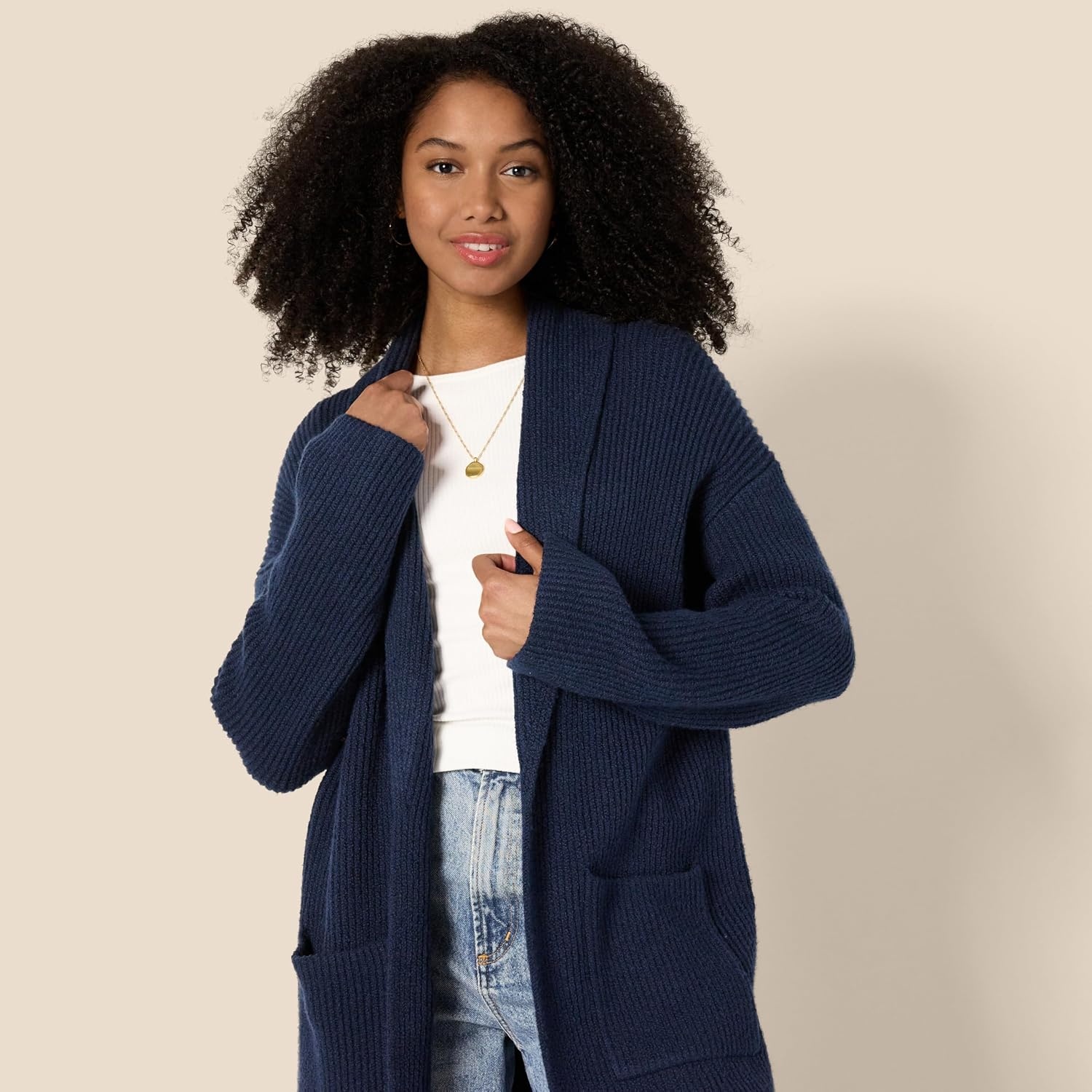 image:imageAmazon Essentials Womens OversizedFit Cotton Blend Heavyweight Texture Stitch Long Cardigan Sweater with PocketsNavy