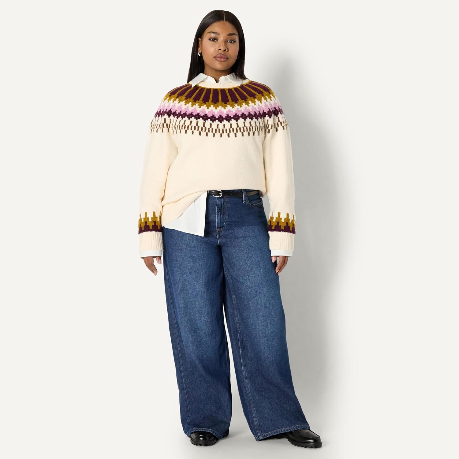 image:imageAmazon Essentials Womens OversizedFit Fair Isle Crewneck Sweater Heavyweight CottonBlend Raglan Sleeves Ribbed TrimCream Caramel Chevron Knit