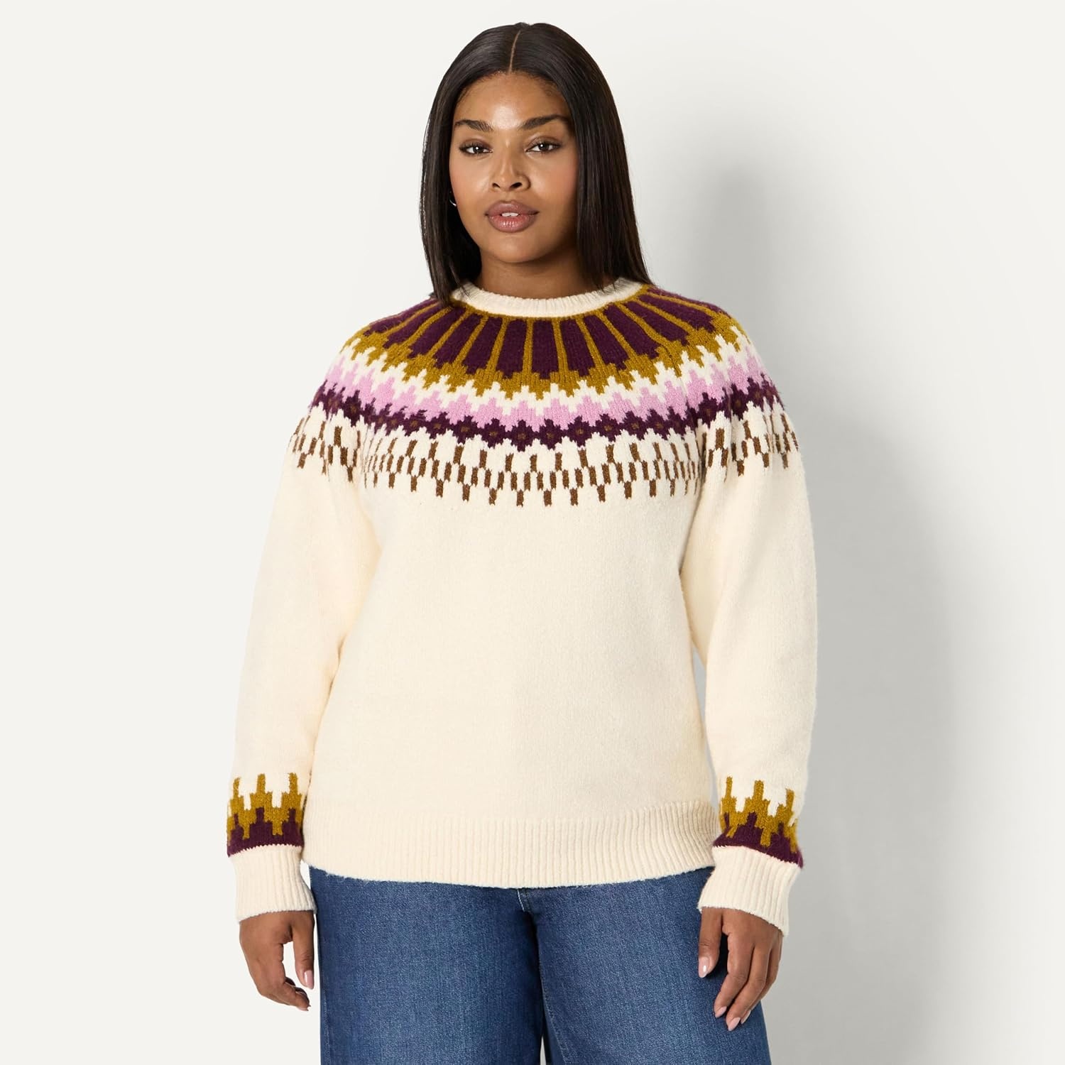 image:imageAmazon Essentials Womens OversizedFit Fair Isle Crewneck Sweater Heavyweight CottonBlend Raglan Sleeves Ribbed TrimCream Caramel Chevron Knit