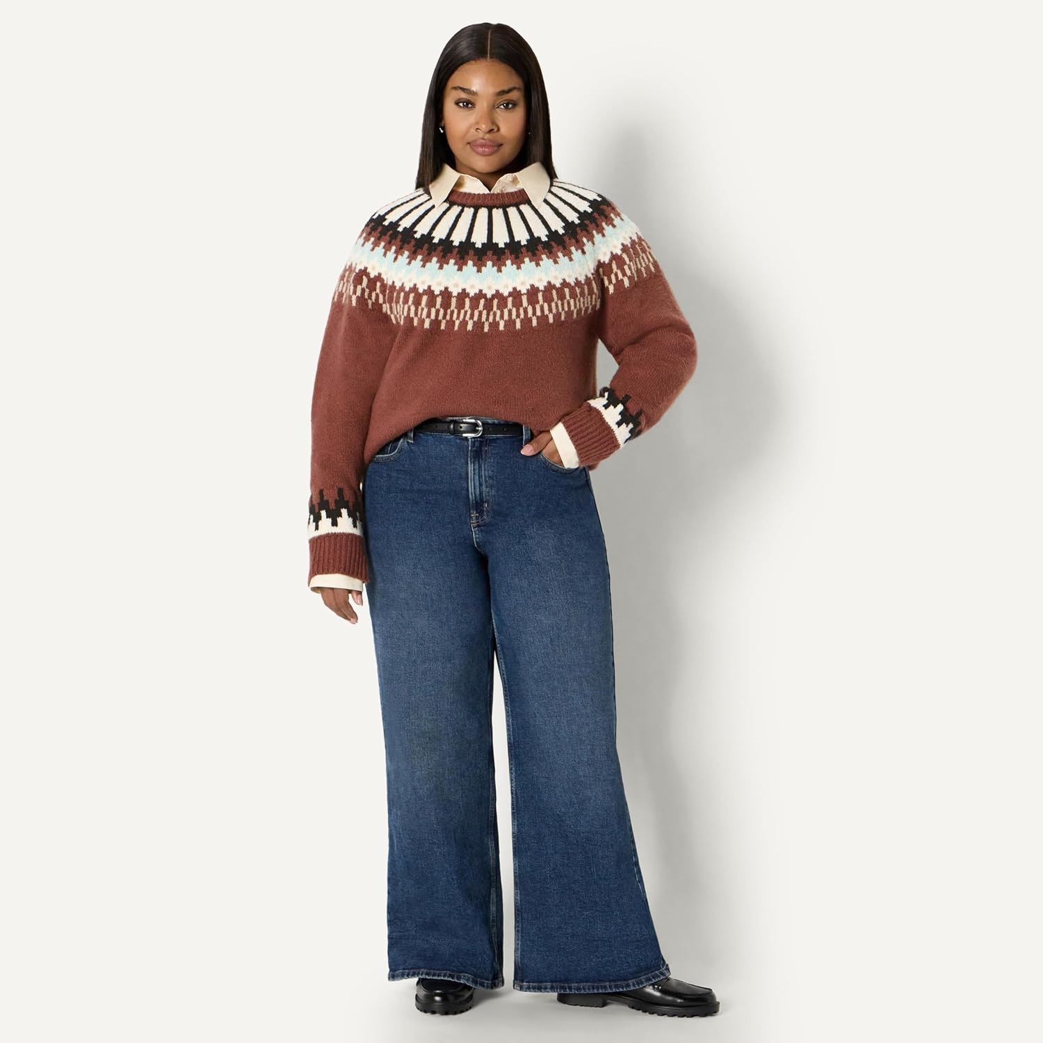 image:imageAmazon Essentials Womens OversizedFit Fair Isle Crewneck Sweater Heavyweight CottonBlend Raglan Sleeves Ribbed TrimDark Brown Mint Green Chevron
