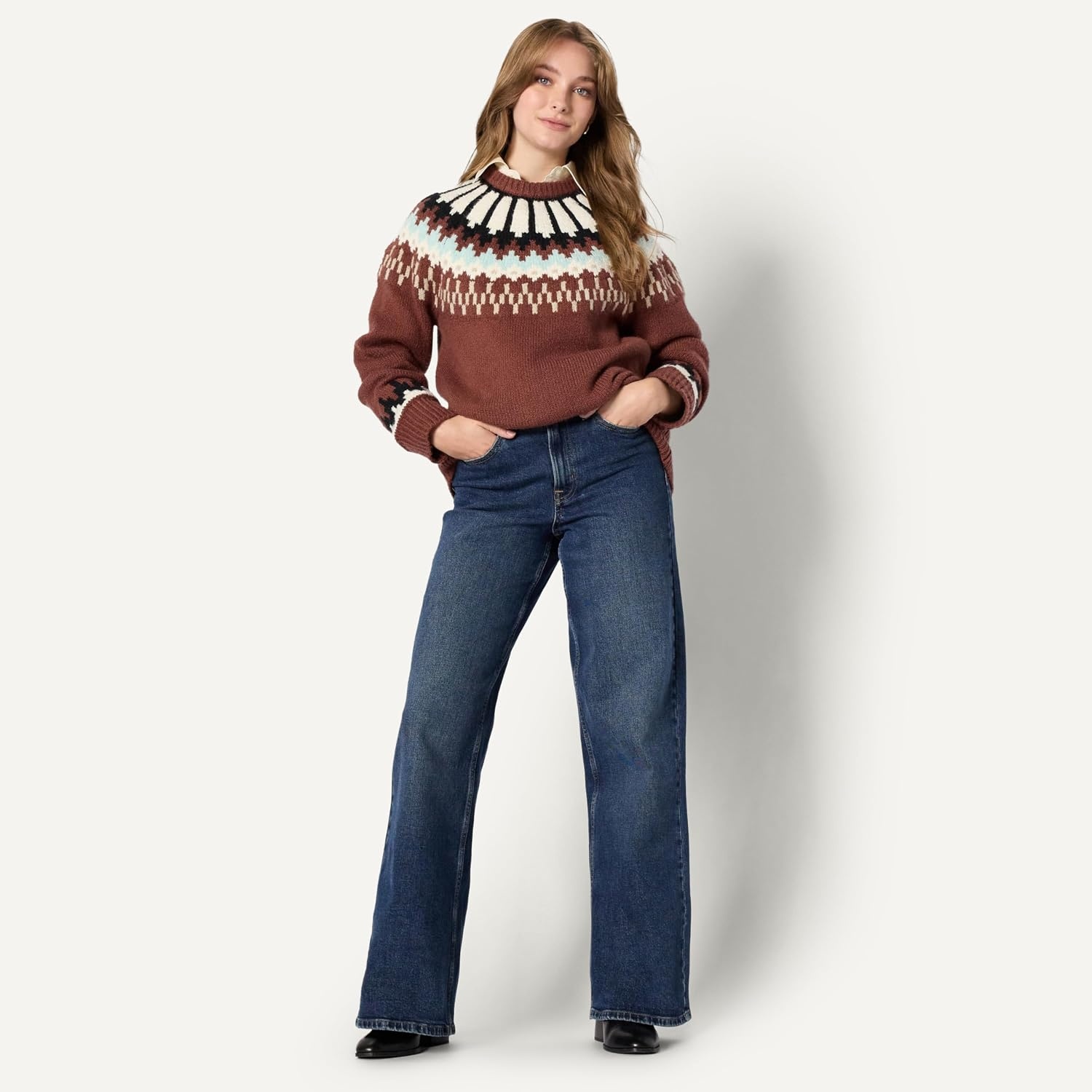 image:imageAmazon Essentials Womens OversizedFit Fair Isle Crewneck Sweater Heavyweight CottonBlend Raglan Sleeves Ribbed TrimDark Brown Mint Green Chevron