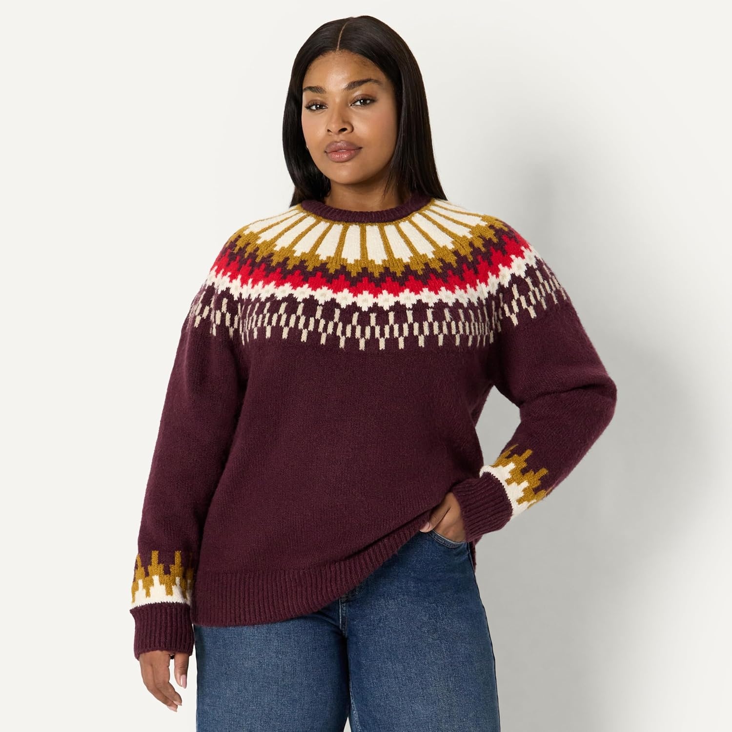 image:imageAmazon Essentials Womens OversizedFit Fair Isle Crewneck Sweater Heavyweight CottonBlend Raglan Sleeves Ribbed TrimDark Burgundy Cream Chevron Knit