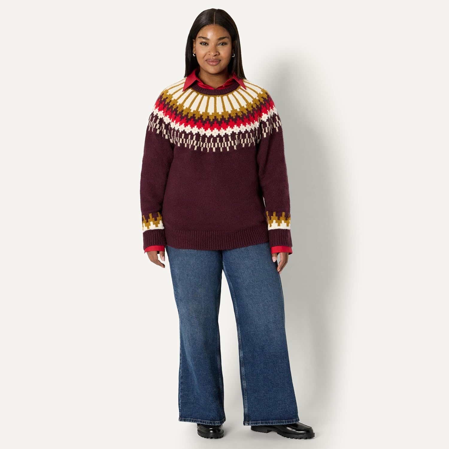 image:imageAmazon Essentials Womens OversizedFit Fair Isle Crewneck Sweater Heavyweight CottonBlend Raglan Sleeves Ribbed TrimDark Burgundy Cream Chevron Knit