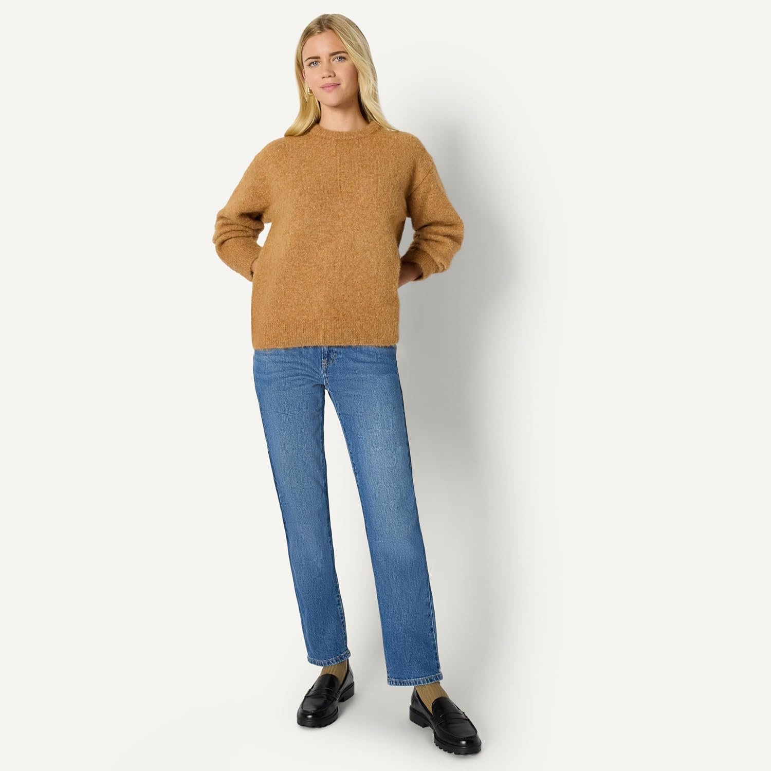 image:imageAmazon Essentials Womens OversizedFit Faux Mohair Crewneck SweaterCamel Heather