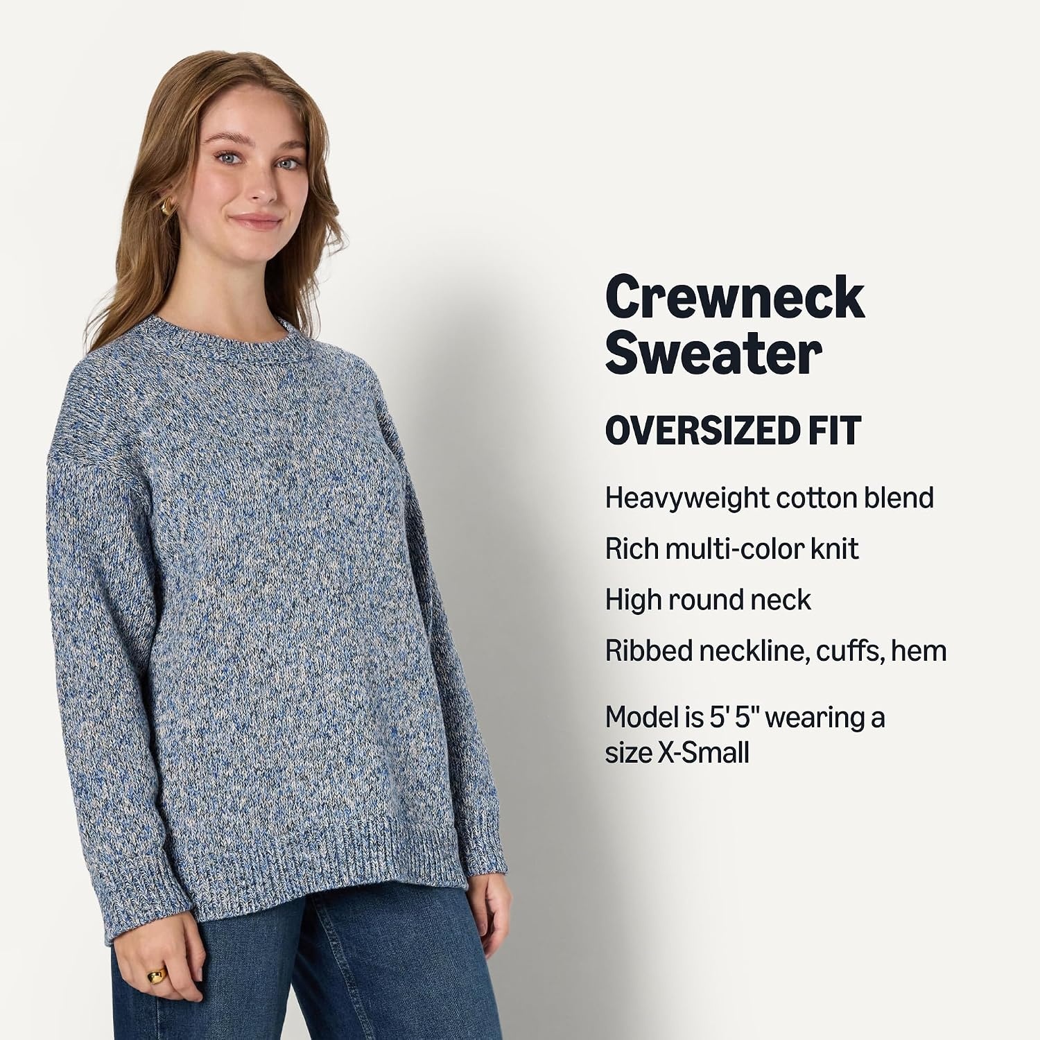 image:imageAmazon Essentials Womens OversizedFit Heavyweight Cotton Blend Crewneck Sweater MultiColor RibbedBright Blue Marl