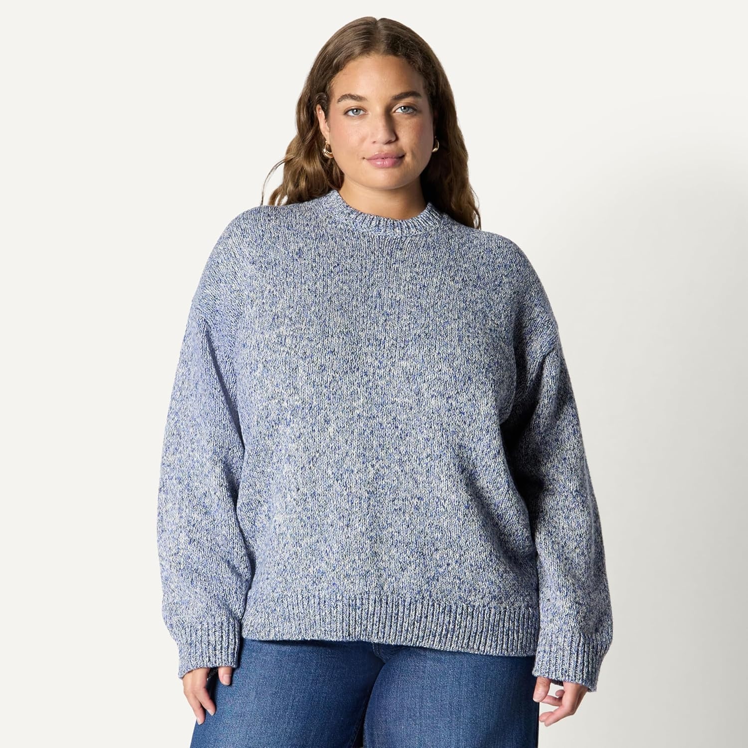 image:imageAmazon Essentials Womens OversizedFit Heavyweight Cotton Blend Crewneck Sweater MultiColor RibbedBright Blue Marl