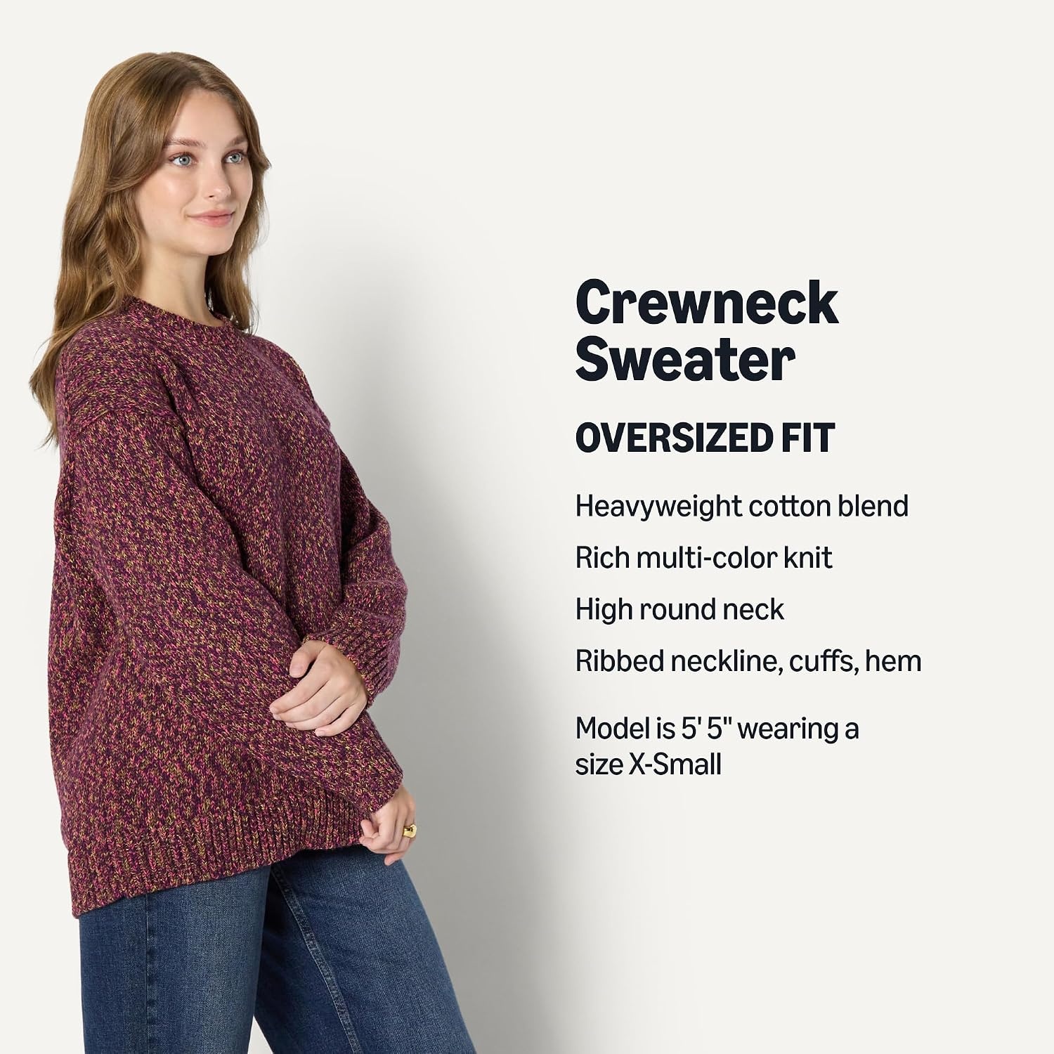 image:imageAmazon Essentials Womens OversizedFit Heavyweight Cotton Blend Crewneck Sweater MultiColor RibbedBurgundy Marl