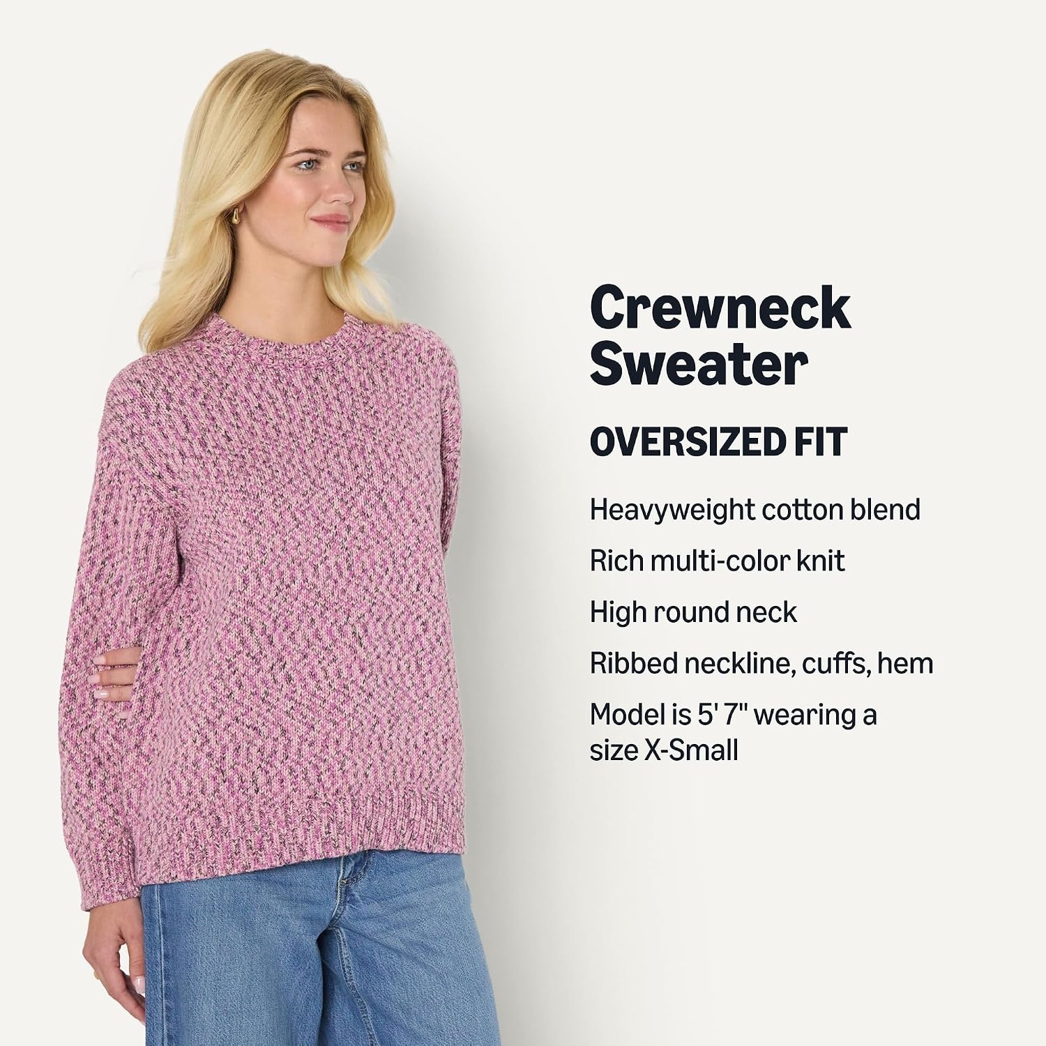 image:imageAmazon Essentials Womens OversizedFit Heavyweight Cotton Blend Crewneck Sweater MultiColor RibbedFuchsia Marl