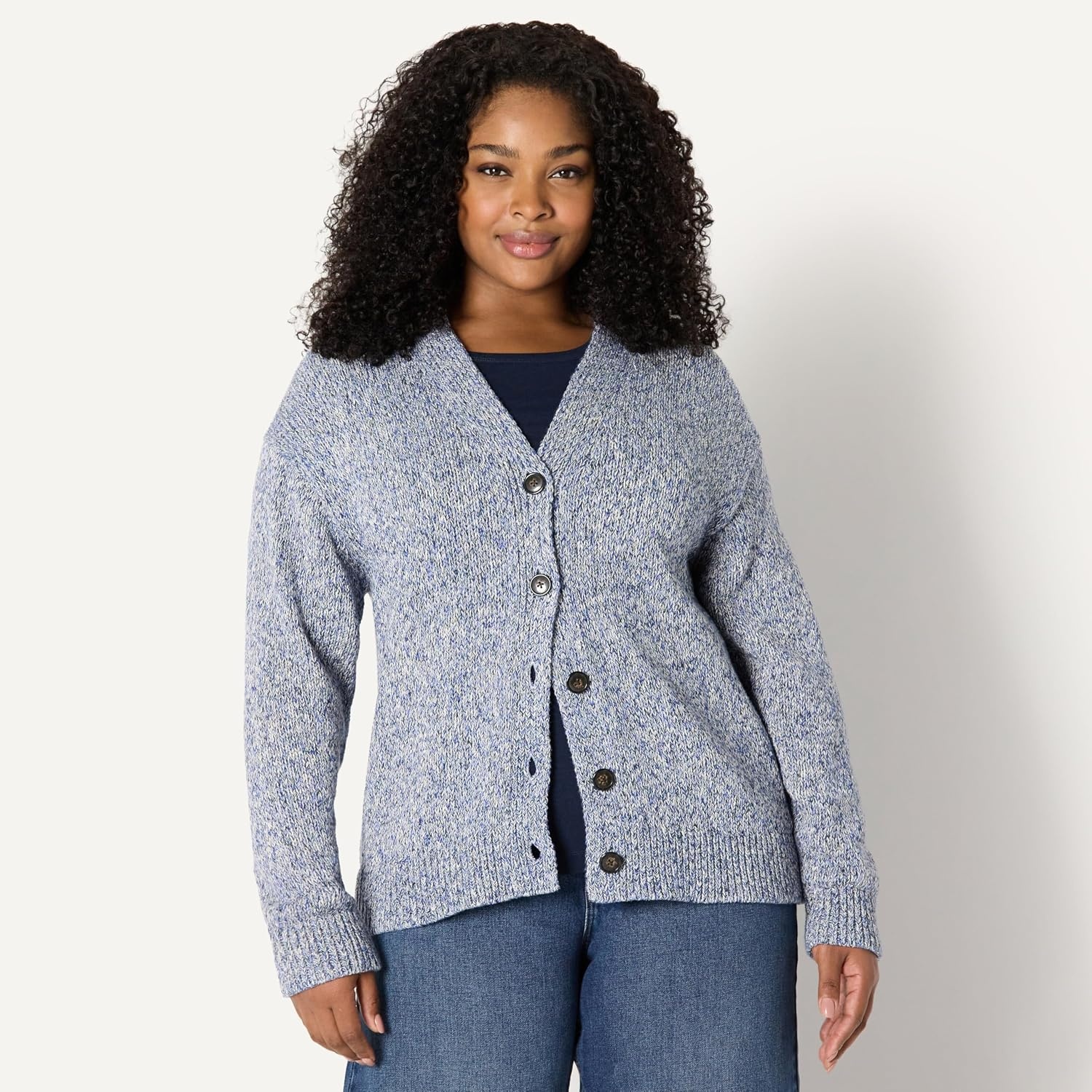 image:imageAmazon Essentials Womens OversizedFit MultiColor Heavyweight Cotton Blend ButtonUp Cardigan with Deep VNecklineBright Blue Marl