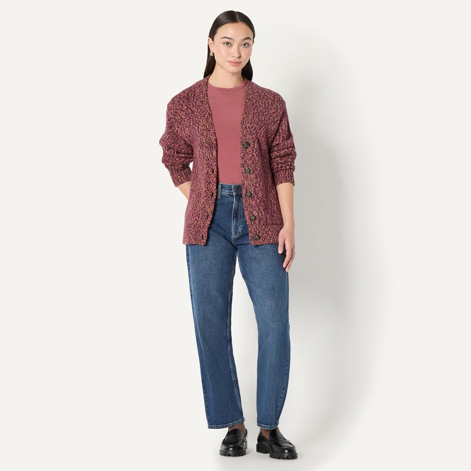 image:imageAmazon Essentials Womens OversizedFit MultiColor Heavyweight Cotton Blend ButtonUp Cardigan with Deep VNecklineBurgundy Marl