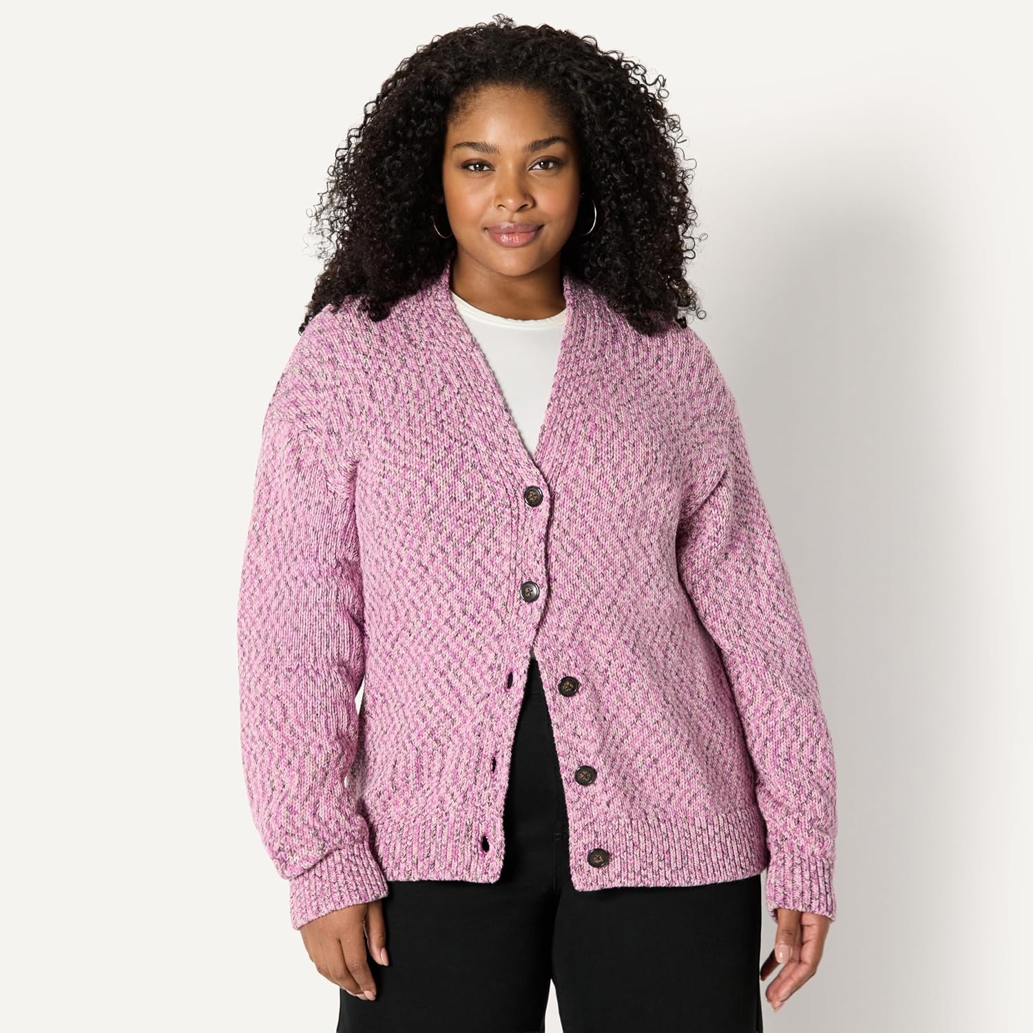 image:imageAmazon Essentials Womens OversizedFit MultiColor Heavyweight Cotton Blend ButtonUp Cardigan with Deep VNecklineFuchsia Marl