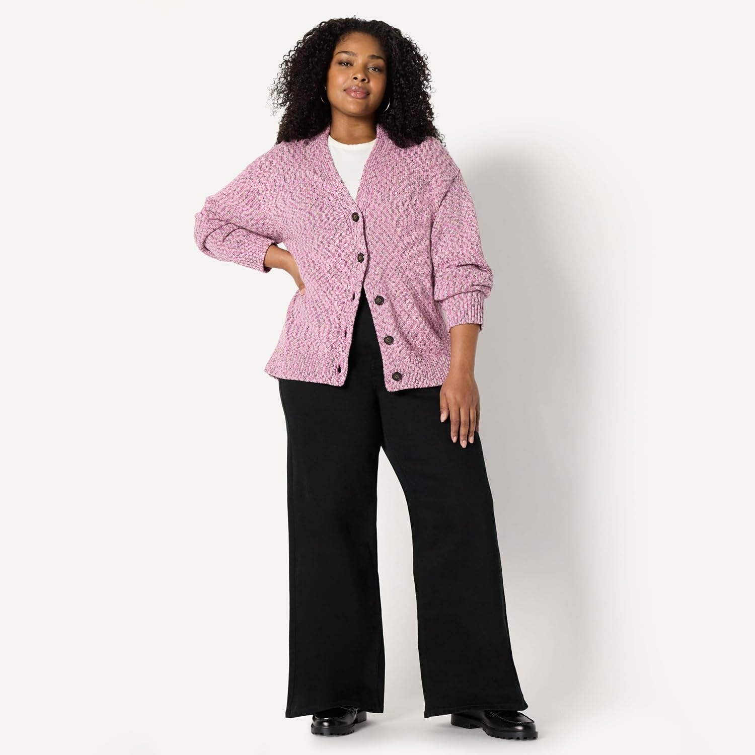 image:imageAmazon Essentials Womens OversizedFit MultiColor Heavyweight Cotton Blend ButtonUp Cardigan with Deep VNecklineFuchsia Marl