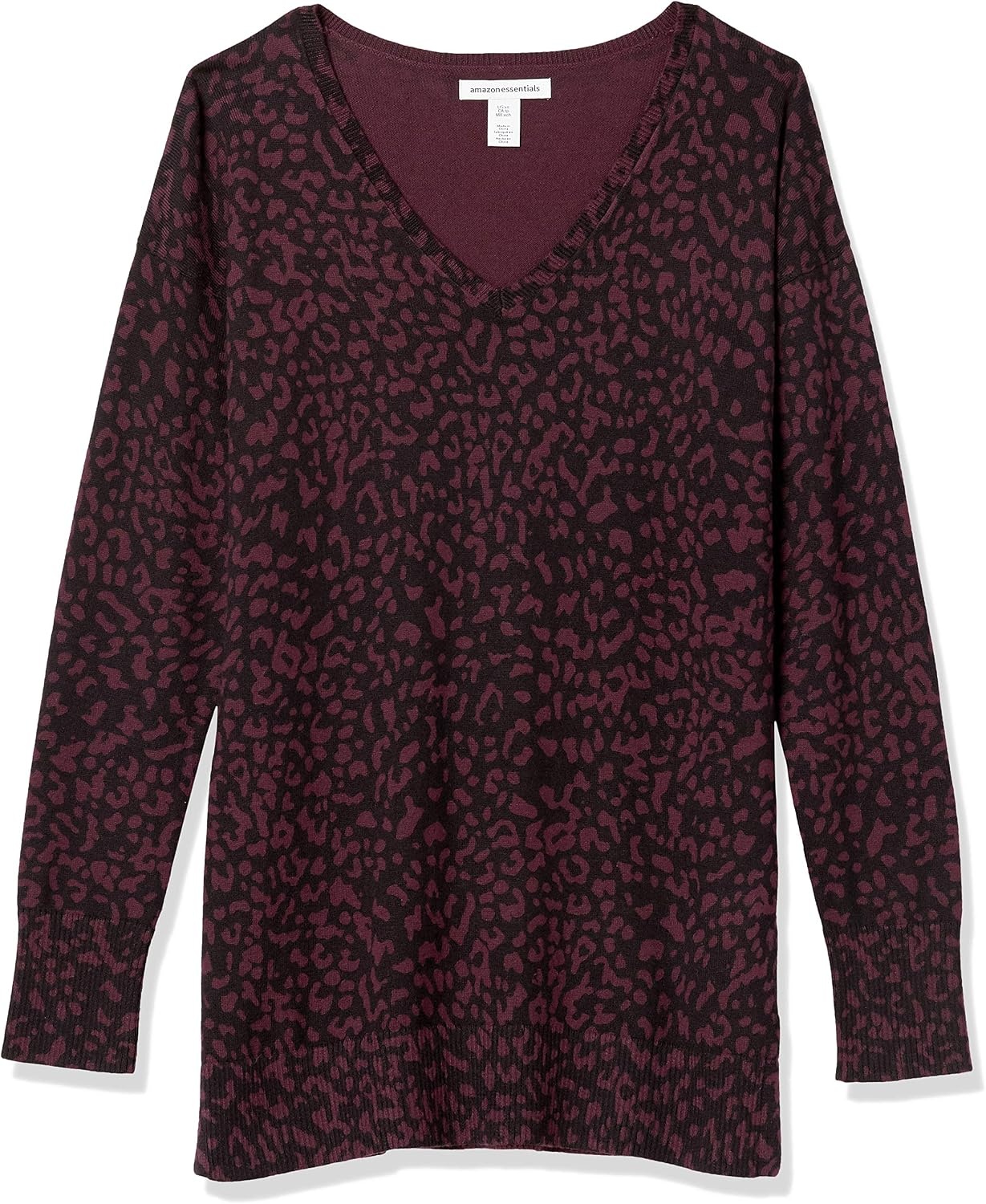 image:imageAmazon Essentials Womens Regular Fit Lightweight VNeck Tunic Sweater Long SleeveBurgundy Animal