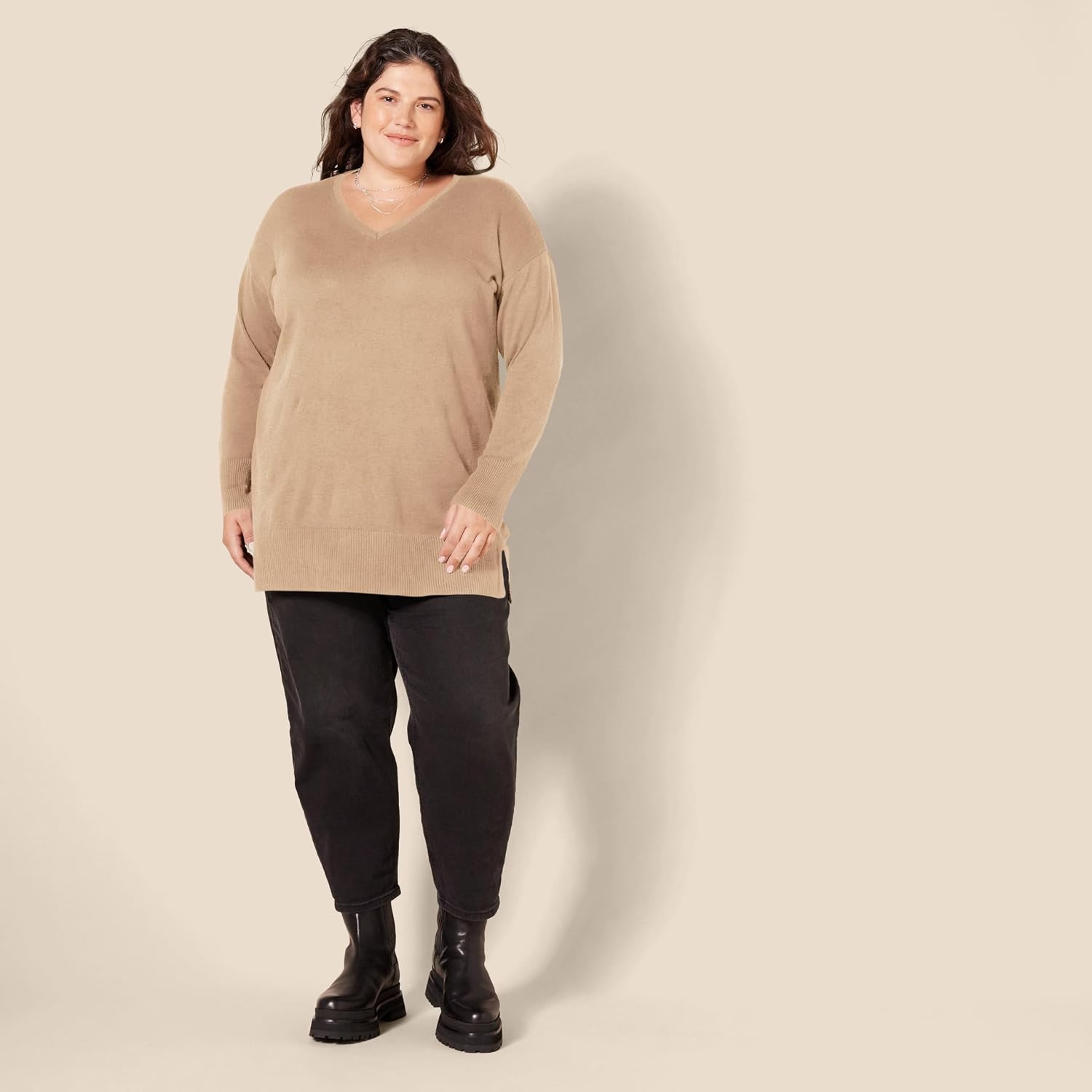 image:imageAmazon Essentials Womens Regular Fit Lightweight VNeck Tunic Sweater Long SleeveCamel Heather