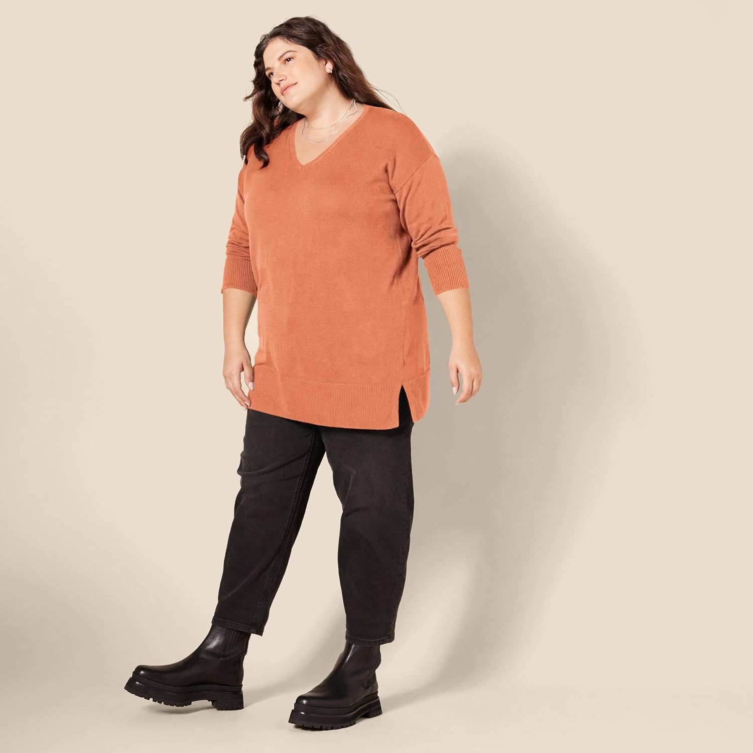 image:imageAmazon Essentials Womens Regular Fit Lightweight VNeck Tunic Sweater Long SleeveCaramel