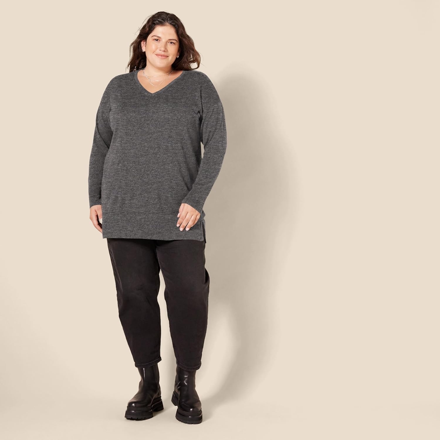 image:imageAmazon Essentials Womens Regular Fit Lightweight VNeck Tunic Sweater Long SleeveCharcoal Heather