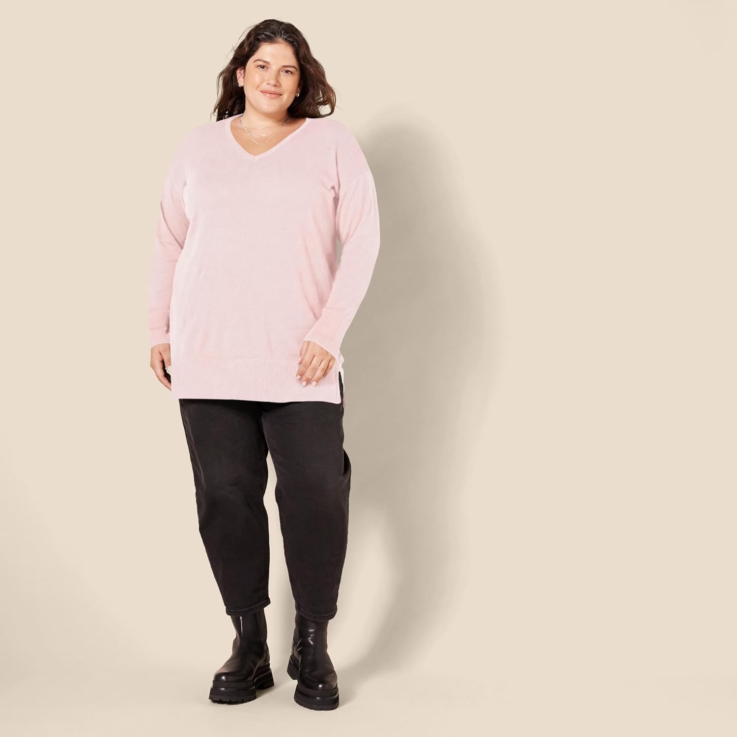 image:imageAmazon Essentials Womens Regular Fit Lightweight VNeck Tunic Sweater Long SleeveLight Pink