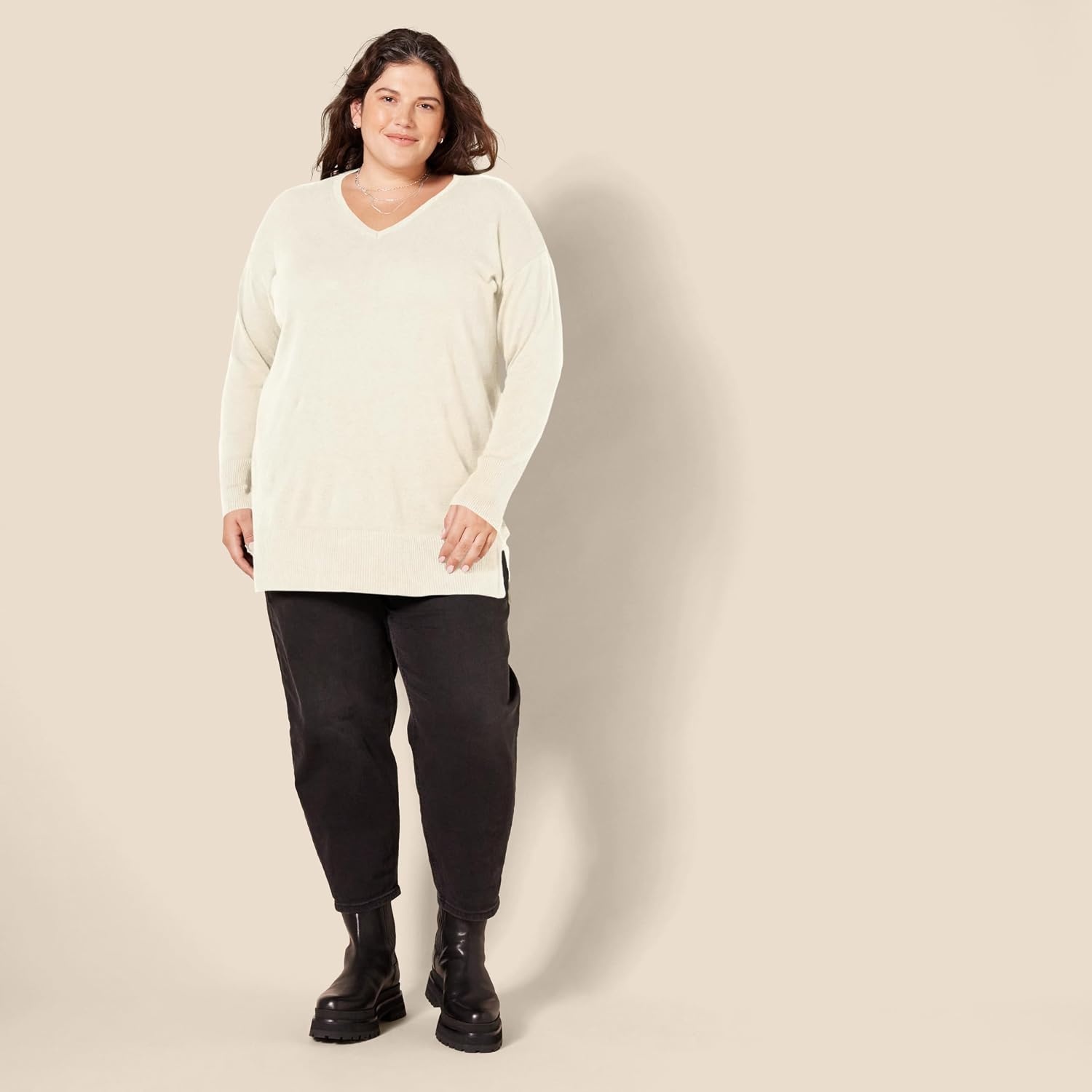 image:imageAmazon Essentials Womens Regular Fit Lightweight VNeck Tunic Sweater Long SleeveOatmeal Heather