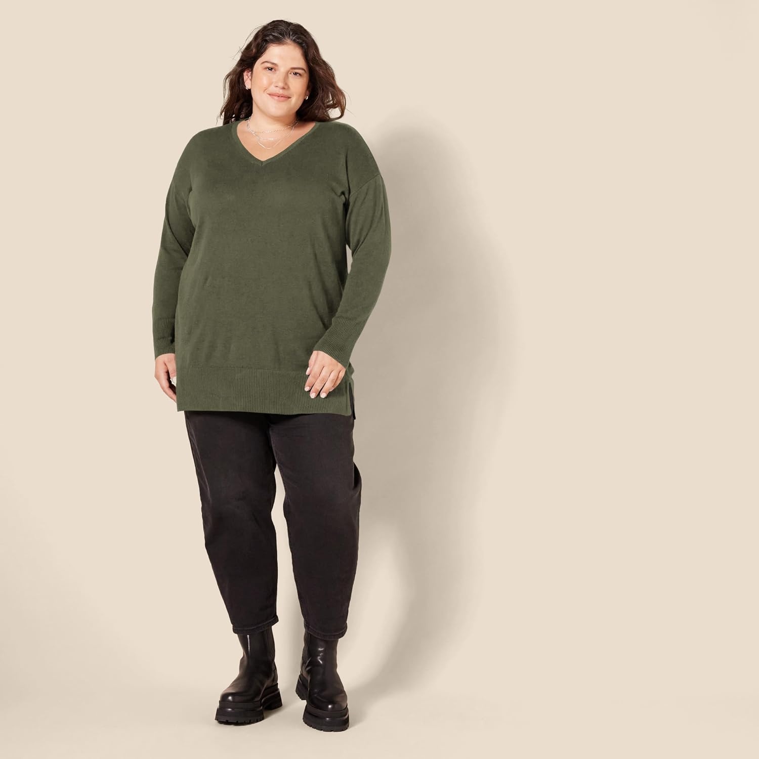 image:imageAmazon Essentials Womens Regular Fit Lightweight VNeck Tunic Sweater Long SleeveOlive
