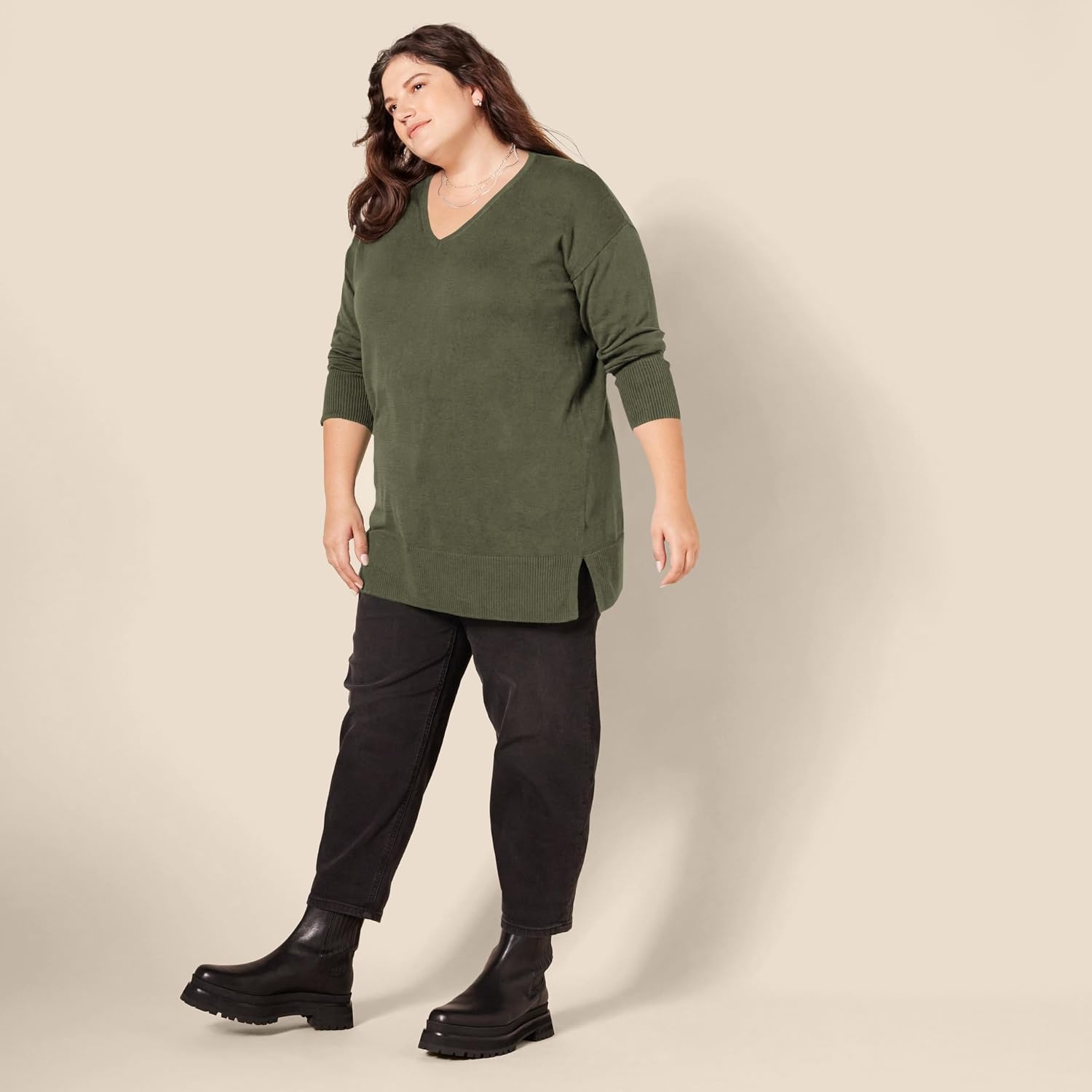 image:imageAmazon Essentials Womens Regular Fit Lightweight VNeck Tunic Sweater Long SleeveOlive