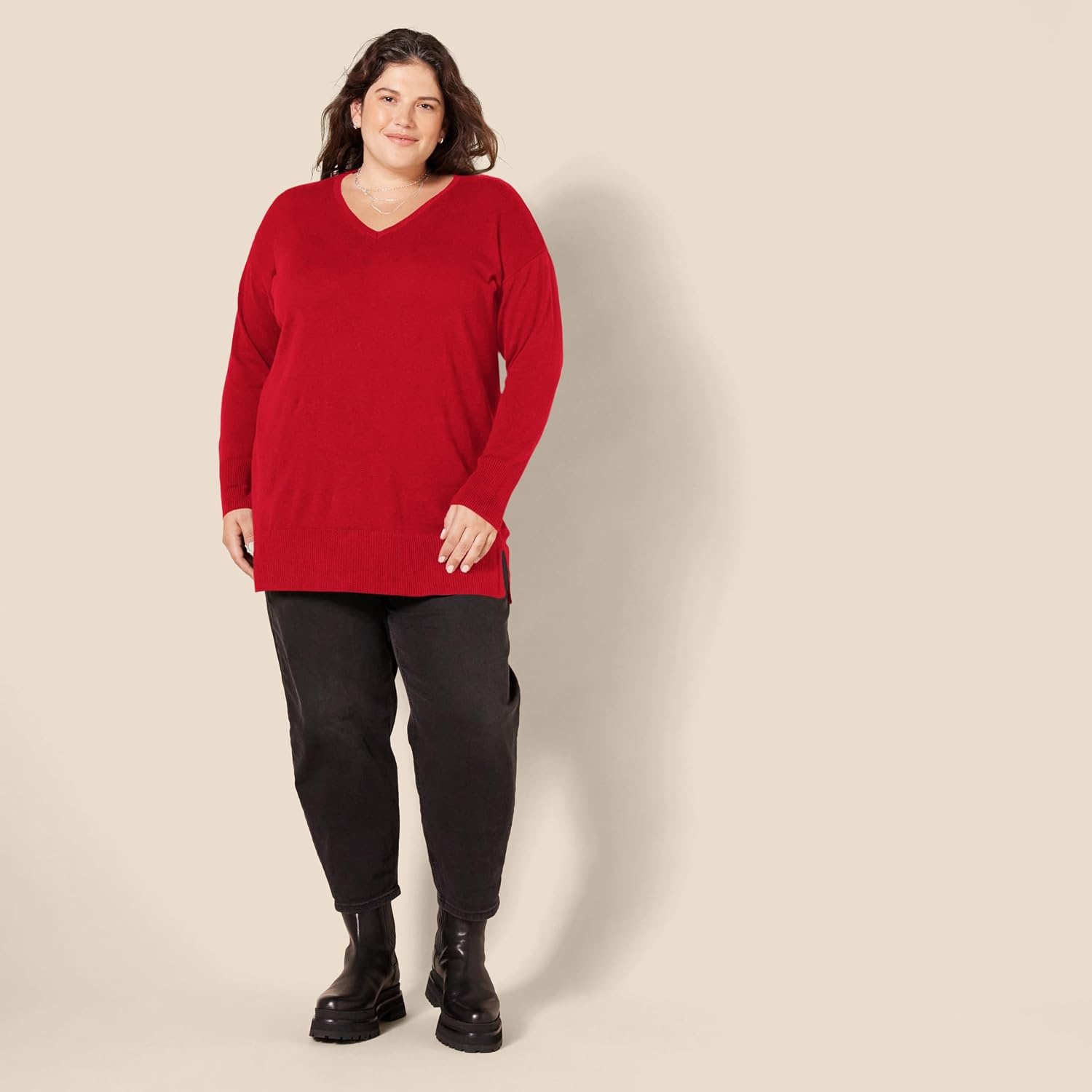 image:imageAmazon Essentials Womens Regular Fit Lightweight VNeck Tunic Sweater Long SleeveRed