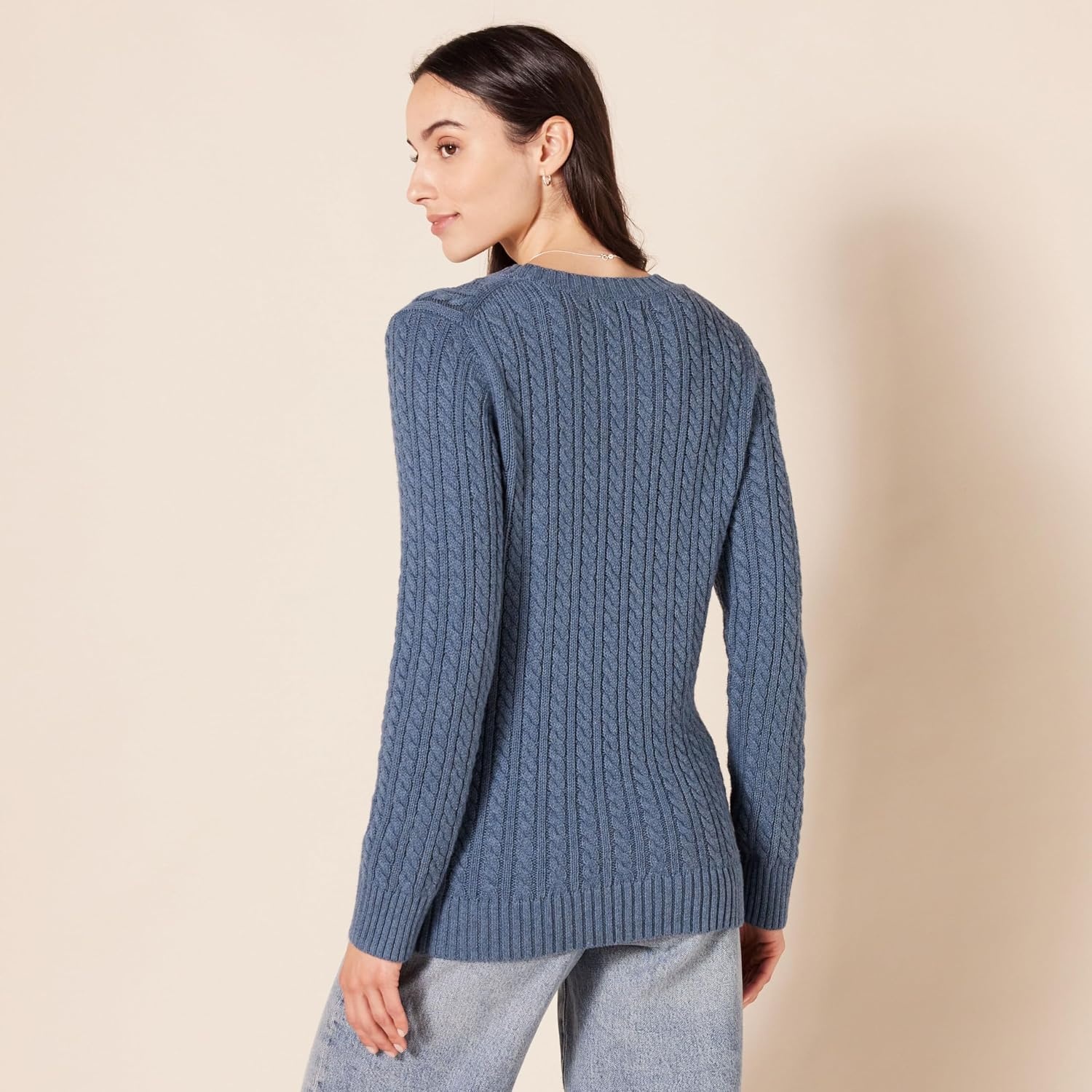 image:imageAmazon Essentials Womens Regular Fit Soft Cotton Cable Knit Ribbed Crewneck Sweater Available in Plus SizeBlue Heather