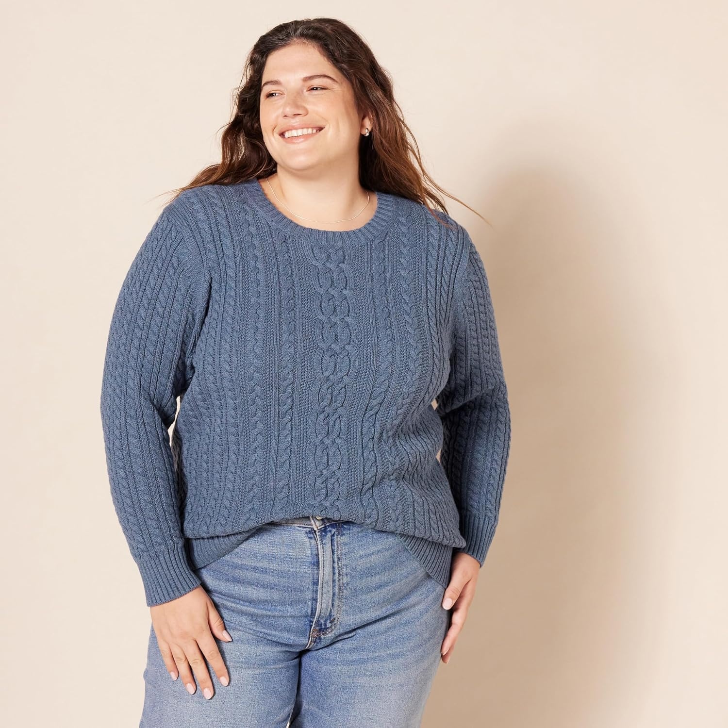 image:imageAmazon Essentials Womens Regular Fit Soft Cotton Cable Knit Ribbed Crewneck Sweater Available in Plus SizeBlue Heather