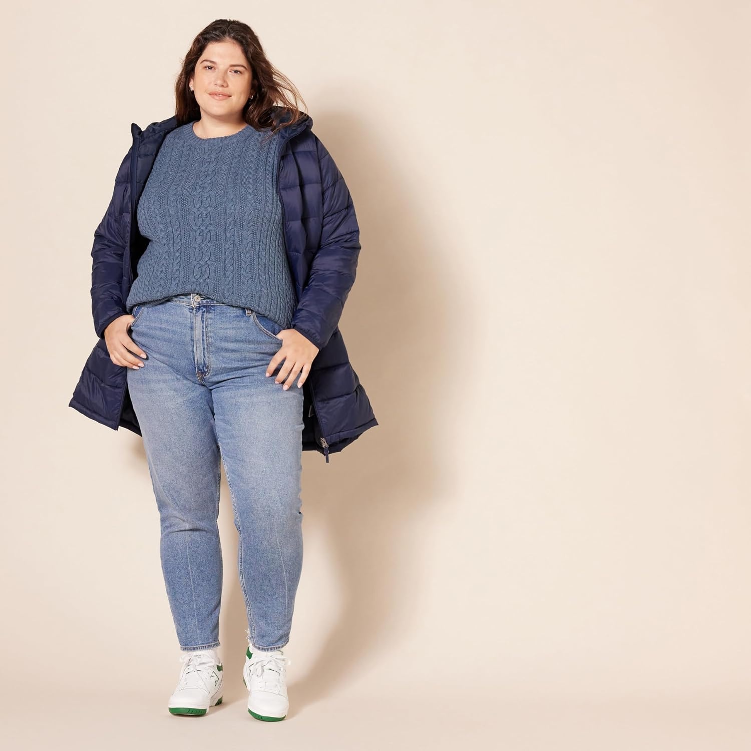 image:imageAmazon Essentials Womens Regular Fit Soft Cotton Cable Knit Ribbed Crewneck Sweater Available in Plus SizeBlue Heather