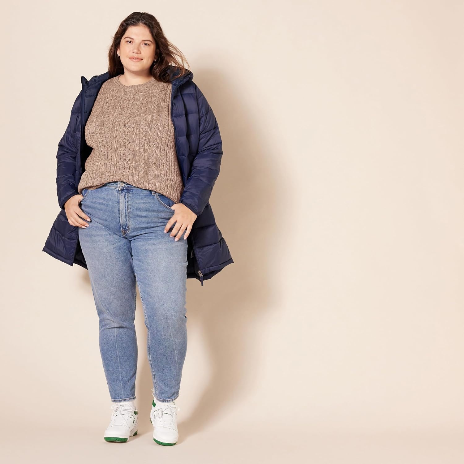 image:imageAmazon Essentials Womens Regular Fit Soft Cotton Cable Knit Ribbed Crewneck Sweater Available in Plus SizeCamel Heather