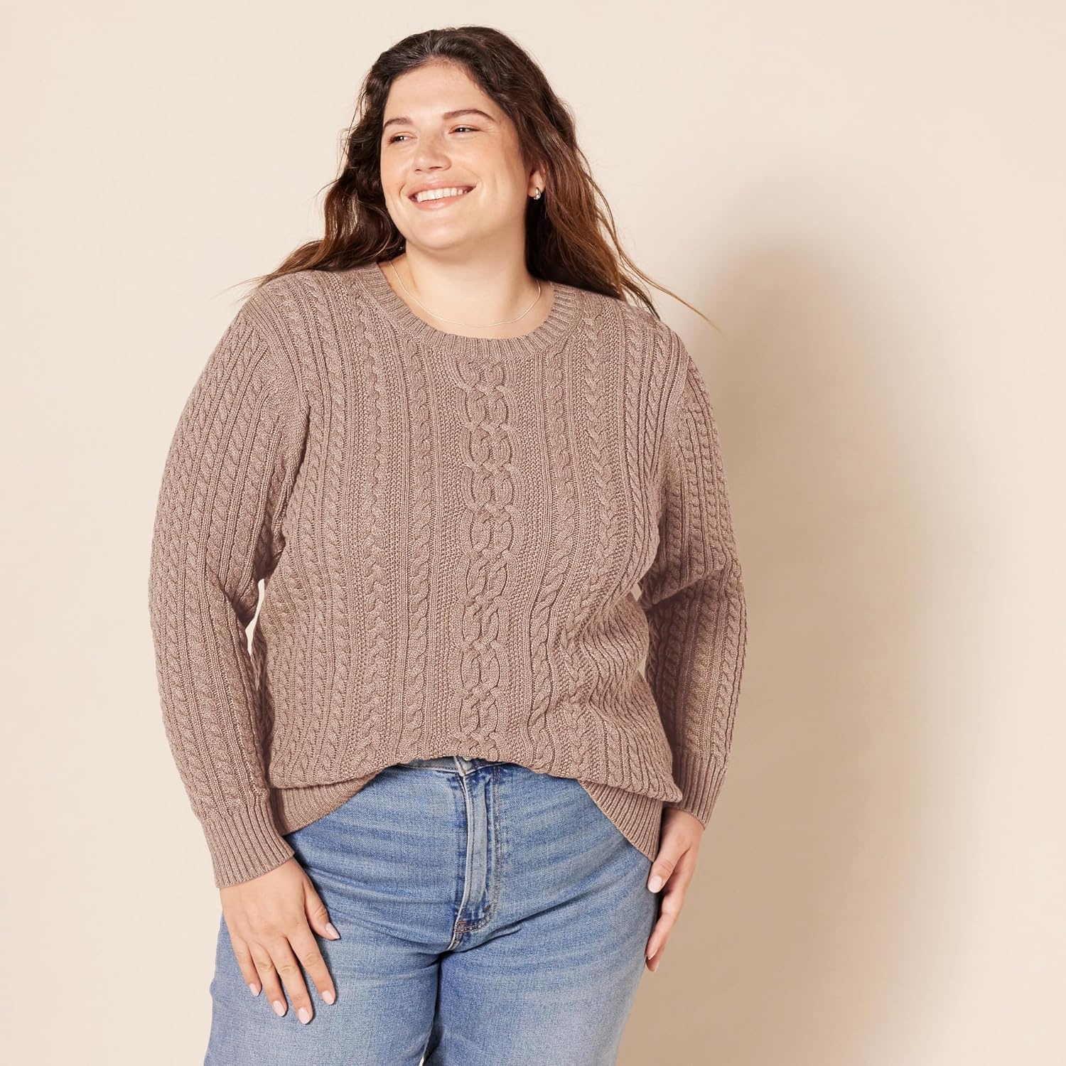 image:imageAmazon Essentials Womens Regular Fit Soft Cotton Cable Knit Ribbed Crewneck Sweater Available in Plus SizeCamel Heather