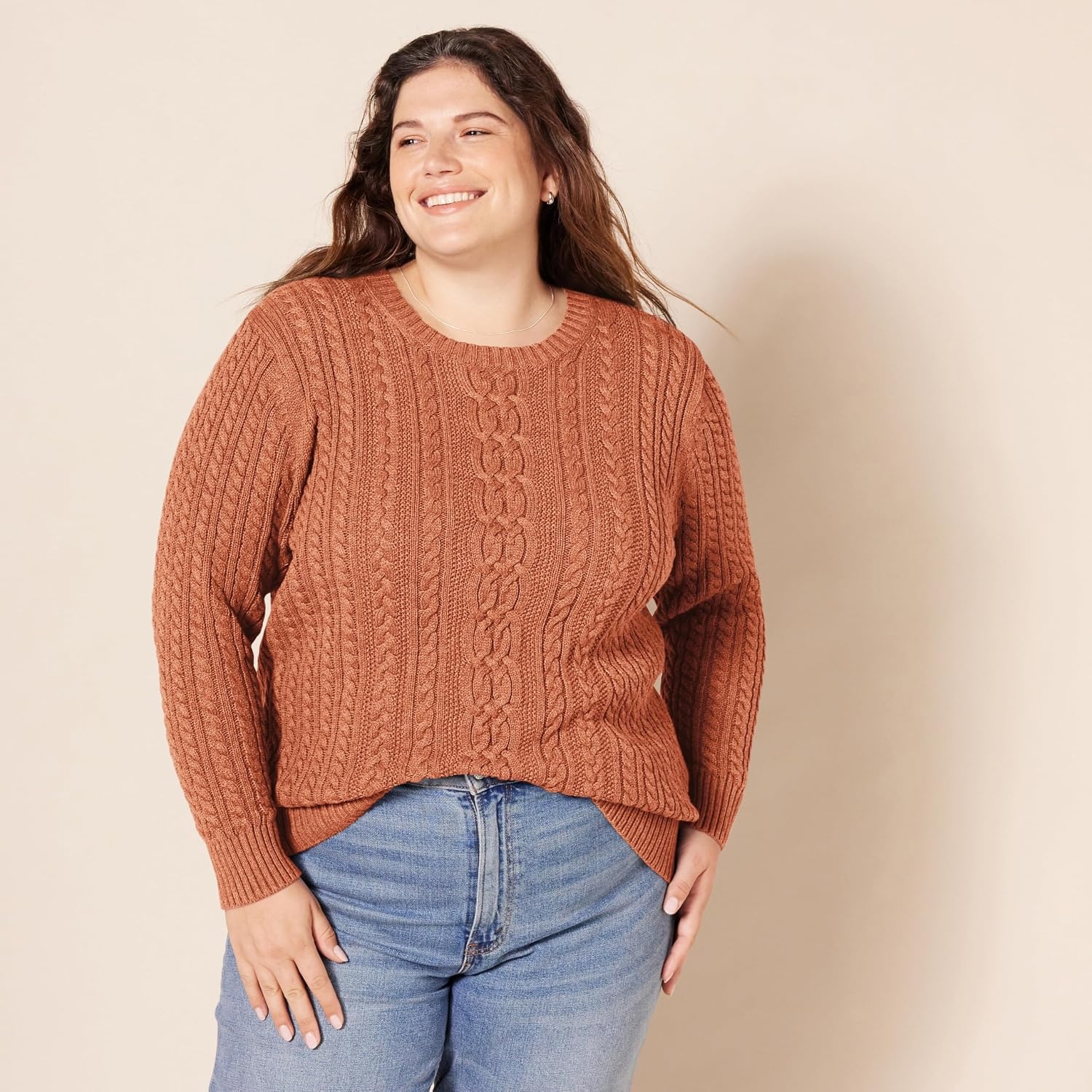 image:imageAmazon Essentials Womens Regular Fit Soft Cotton Cable Knit Ribbed Crewneck Sweater Available in Plus SizeCaramel