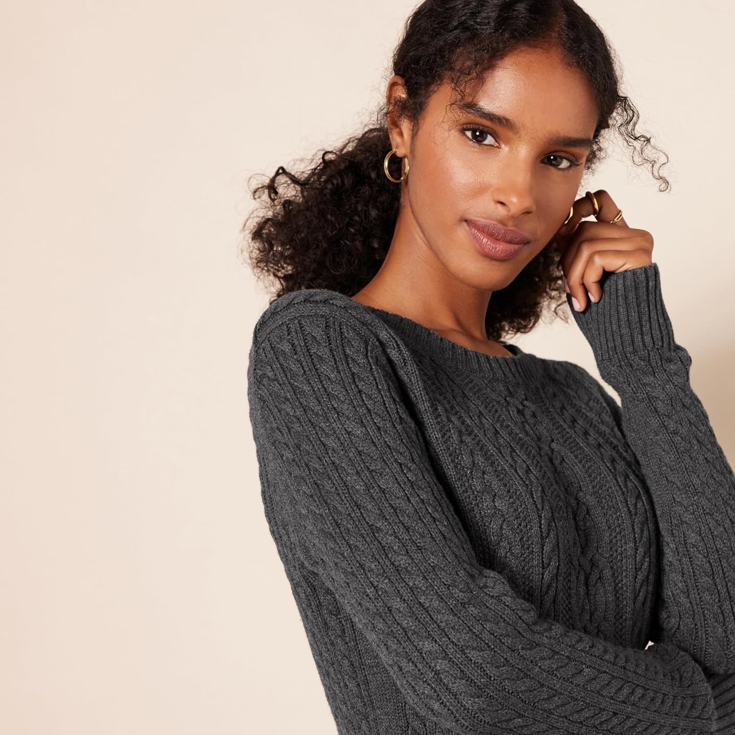 image:imageAmazon Essentials Womens Regular Fit Soft Cotton Cable Knit Ribbed Crewneck Sweater Available in Plus SizeCharcoal Heather