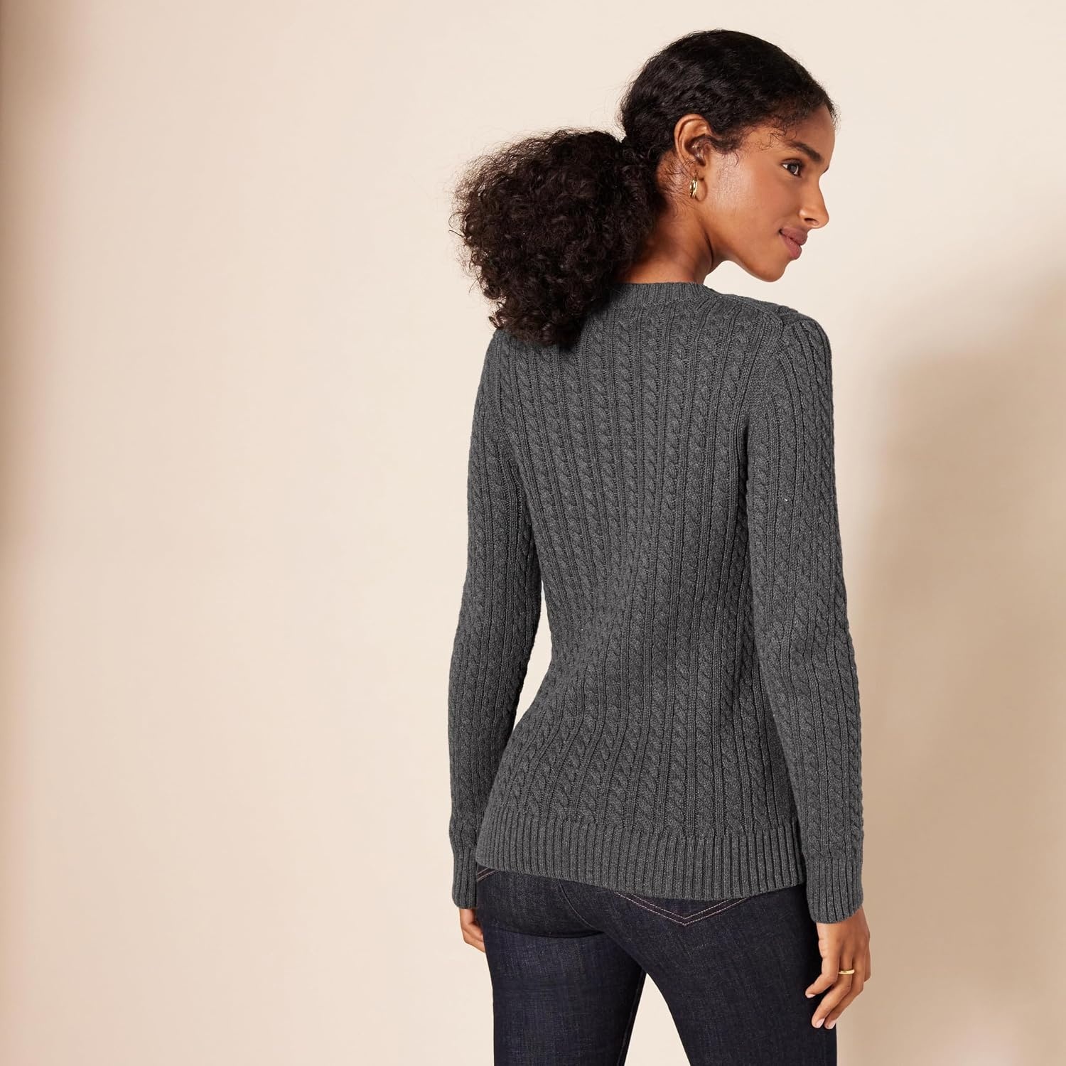 image:imageAmazon Essentials Womens Regular Fit Soft Cotton Cable Knit Ribbed Crewneck Sweater Available in Plus SizeCharcoal Heather
