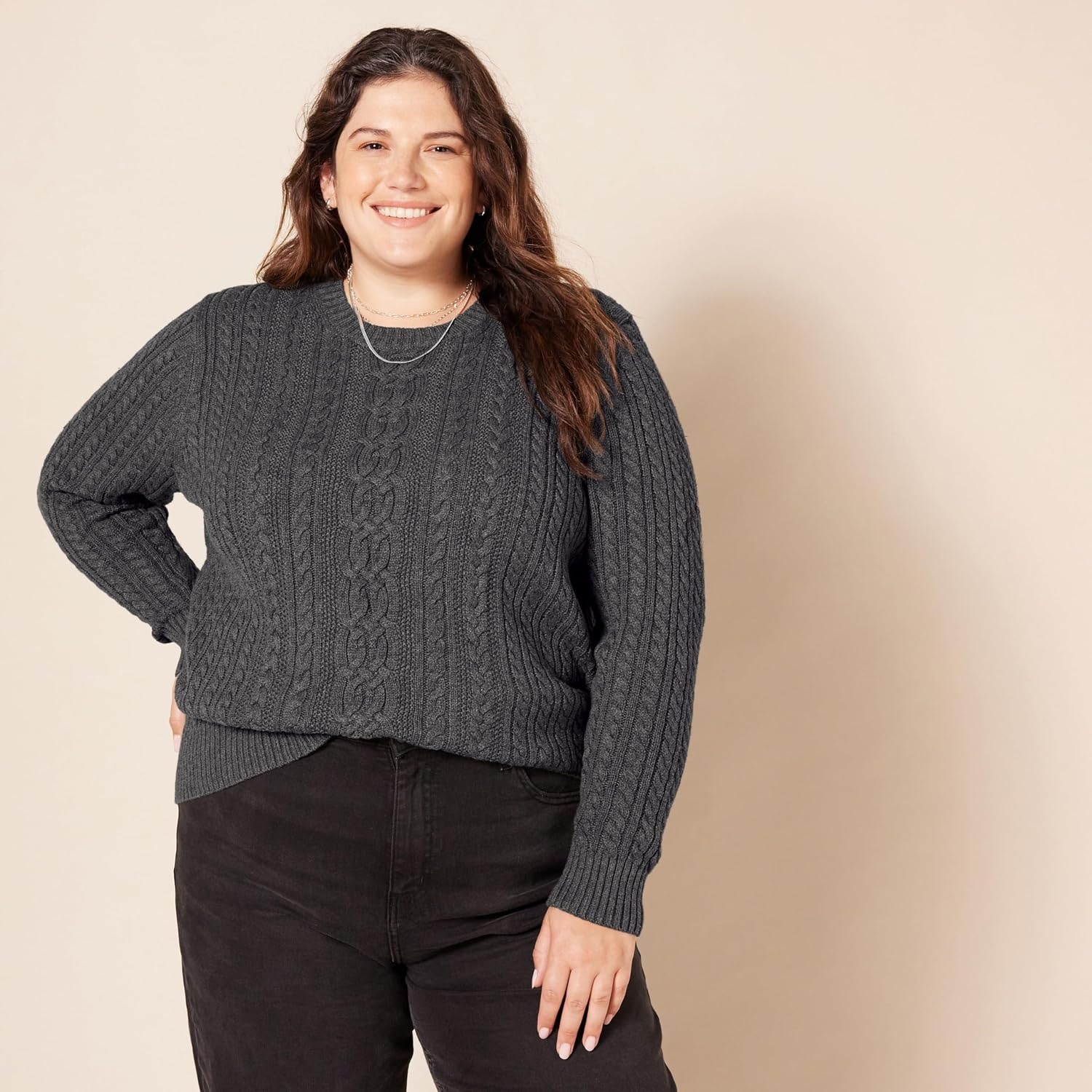 image:imageAmazon Essentials Womens Regular Fit Soft Cotton Cable Knit Ribbed Crewneck Sweater Available in Plus SizeCharcoal Heather