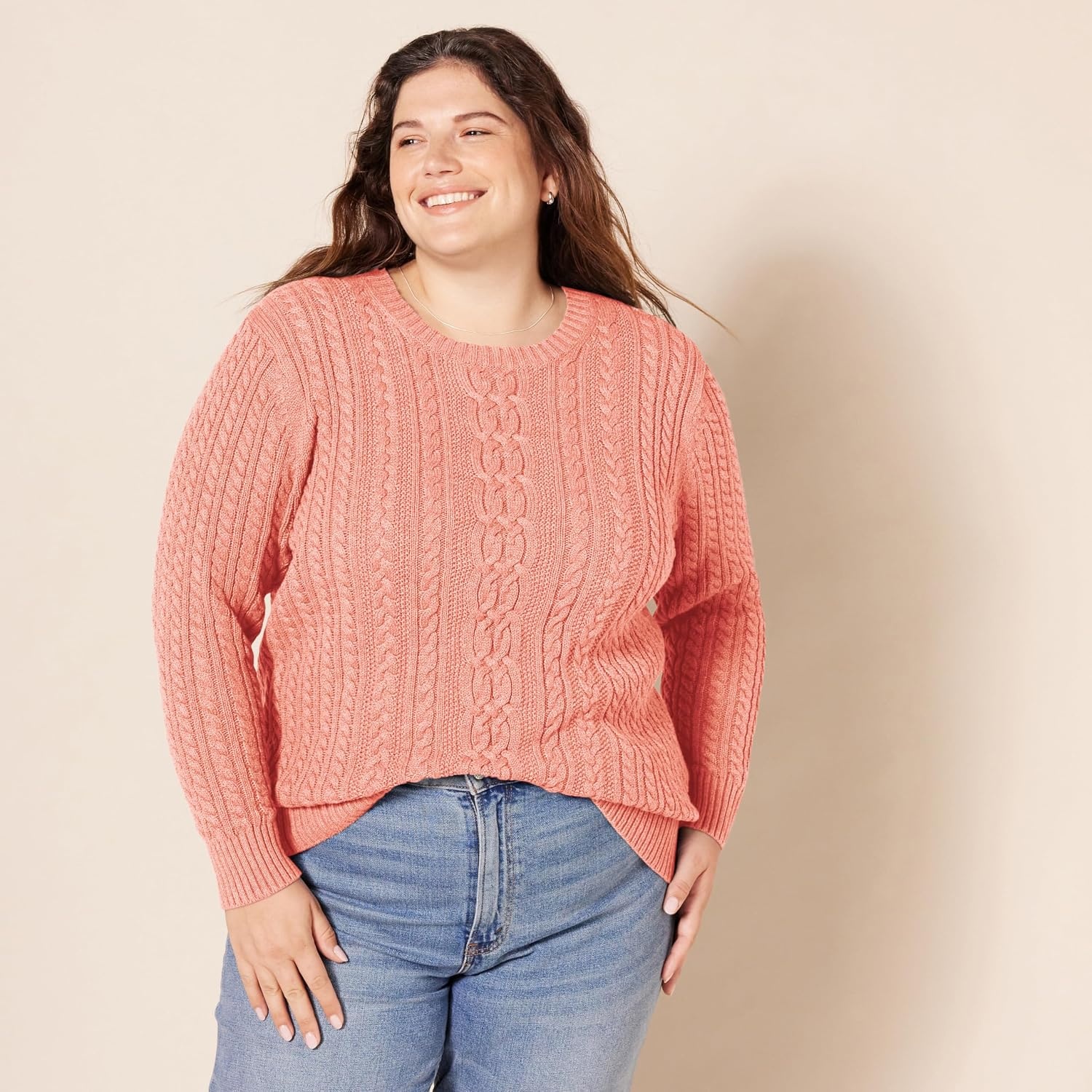 image:imageAmazon Essentials Womens Regular Fit Soft Cotton Cable Knit Ribbed Crewneck Sweater Available in Plus SizeCoral Pink