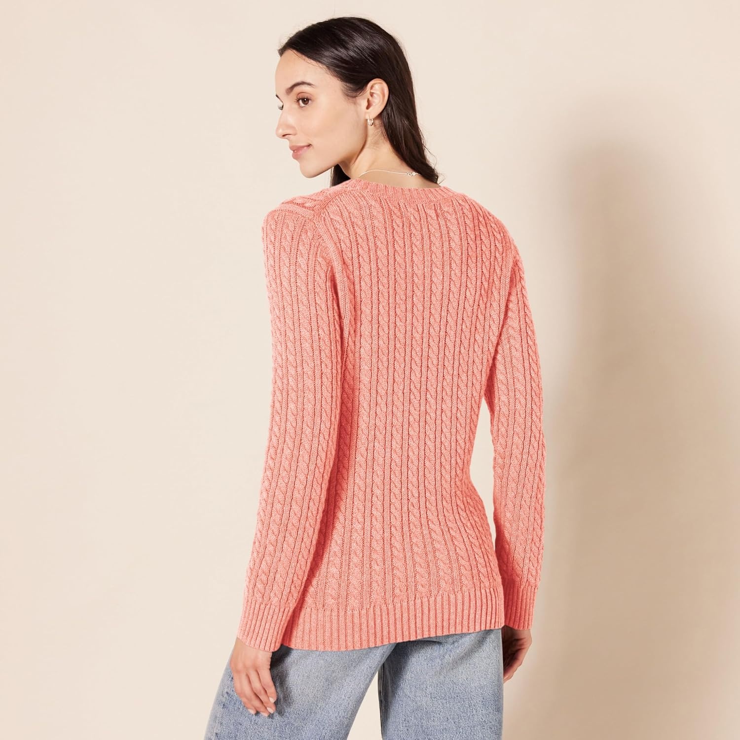 image:imageAmazon Essentials Womens Regular Fit Soft Cotton Cable Knit Ribbed Crewneck Sweater Available in Plus SizeCoral Pink