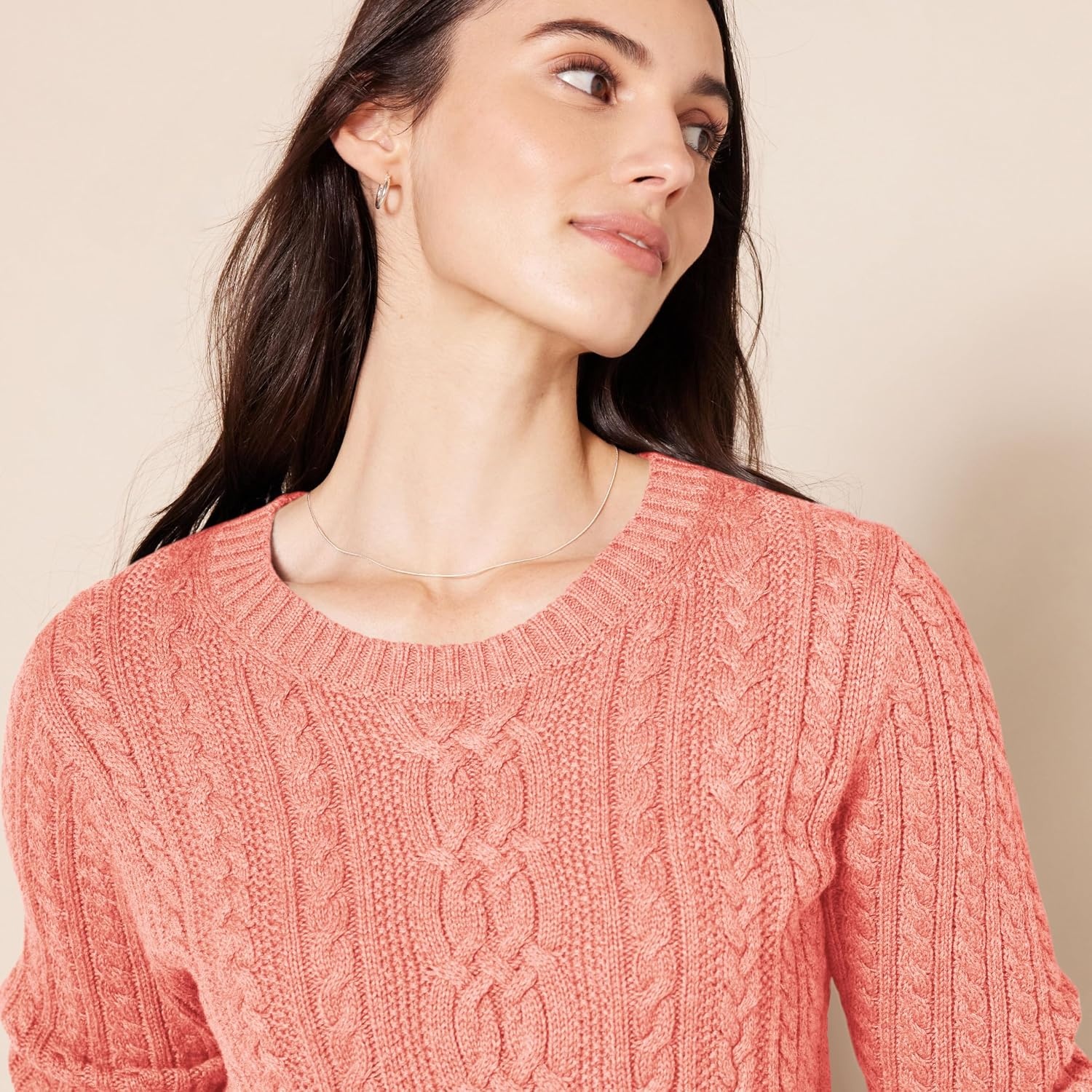 image:imageAmazon Essentials Womens Regular Fit Soft Cotton Cable Knit Ribbed Crewneck Sweater Available in Plus SizeCoral Pink