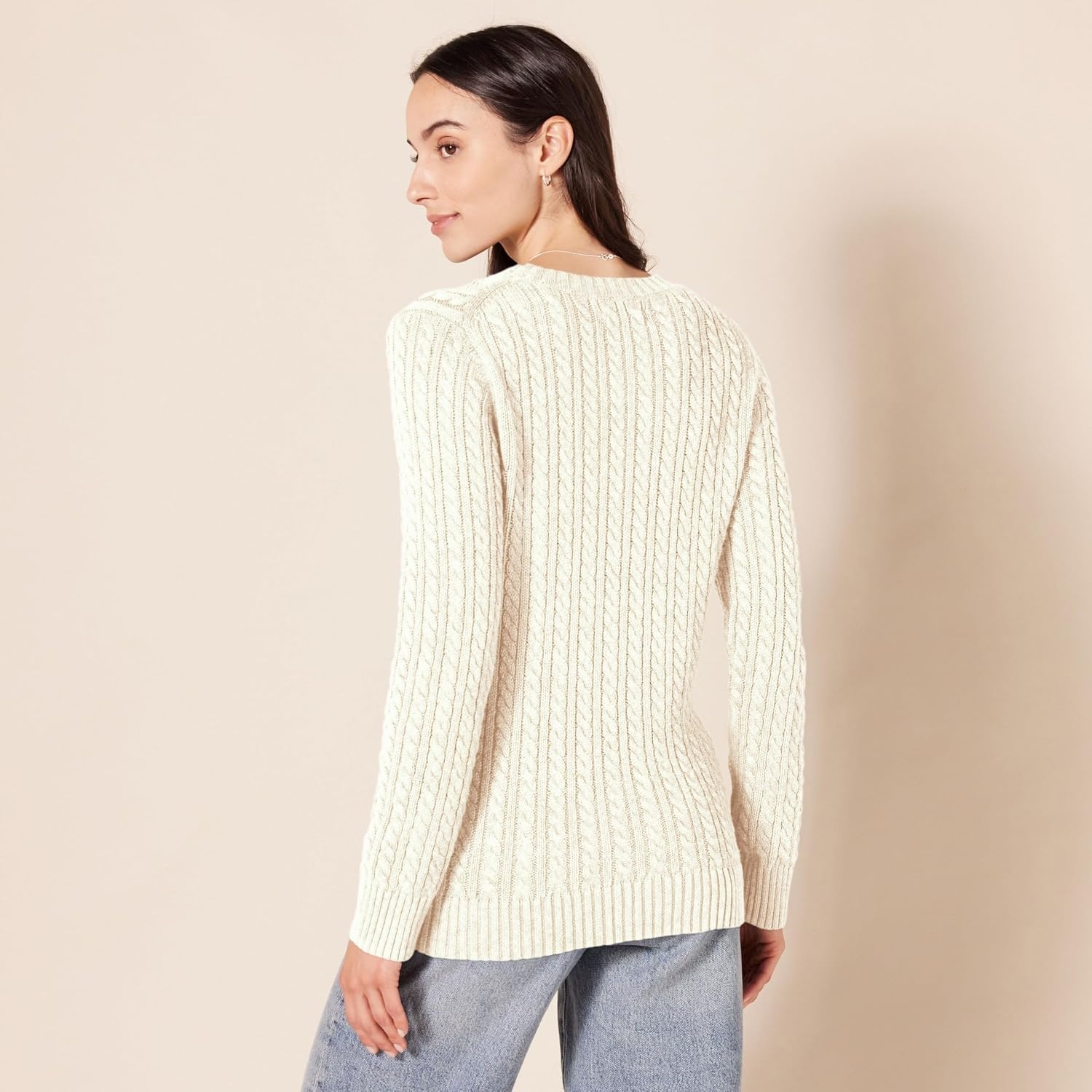 image:imageAmazon Essentials Womens Regular Fit Soft Cotton Cable Knit Ribbed Crewneck Sweater Available in Plus SizeCream