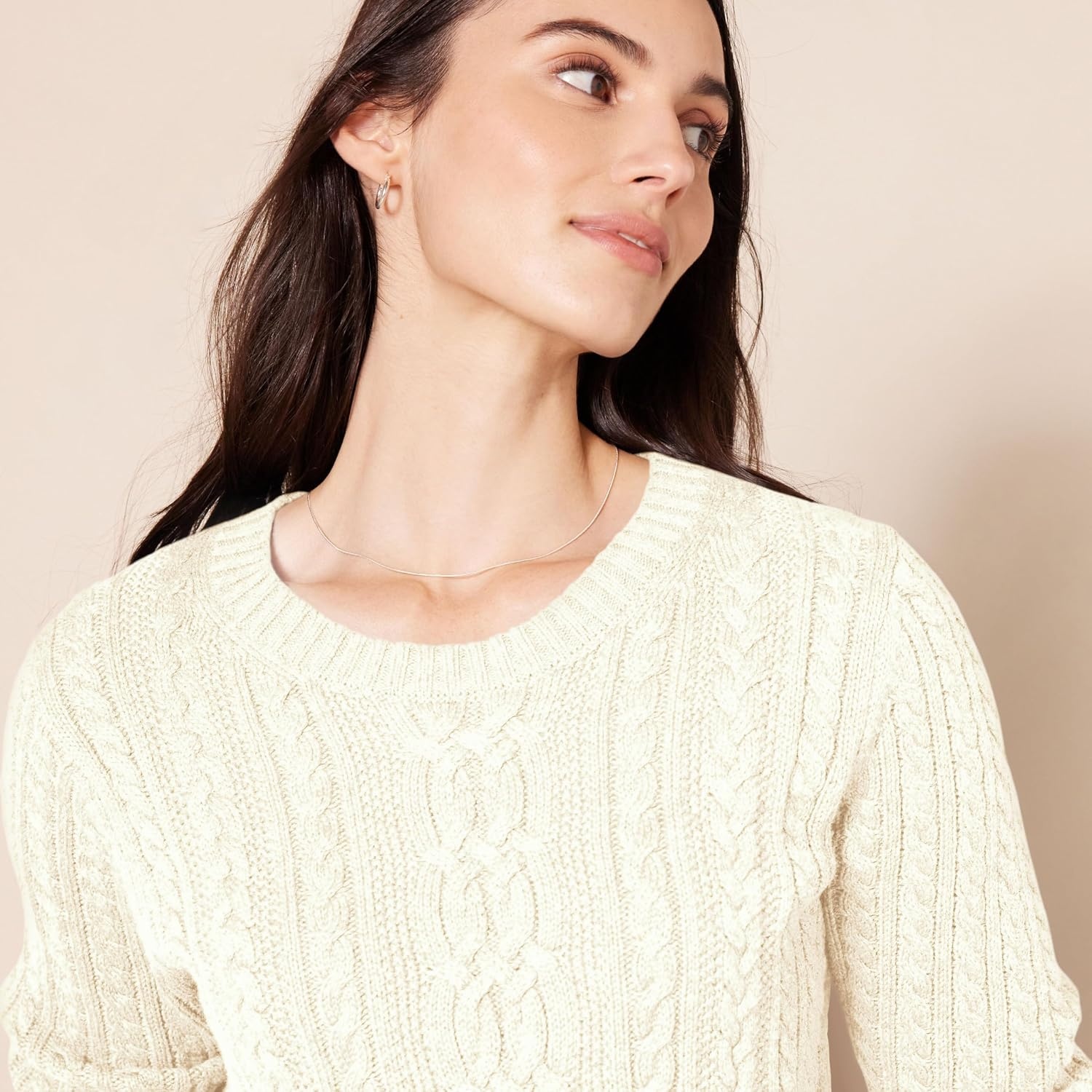 image:imageAmazon Essentials Womens Regular Fit Soft Cotton Cable Knit Ribbed Crewneck Sweater Available in Plus SizeCream
